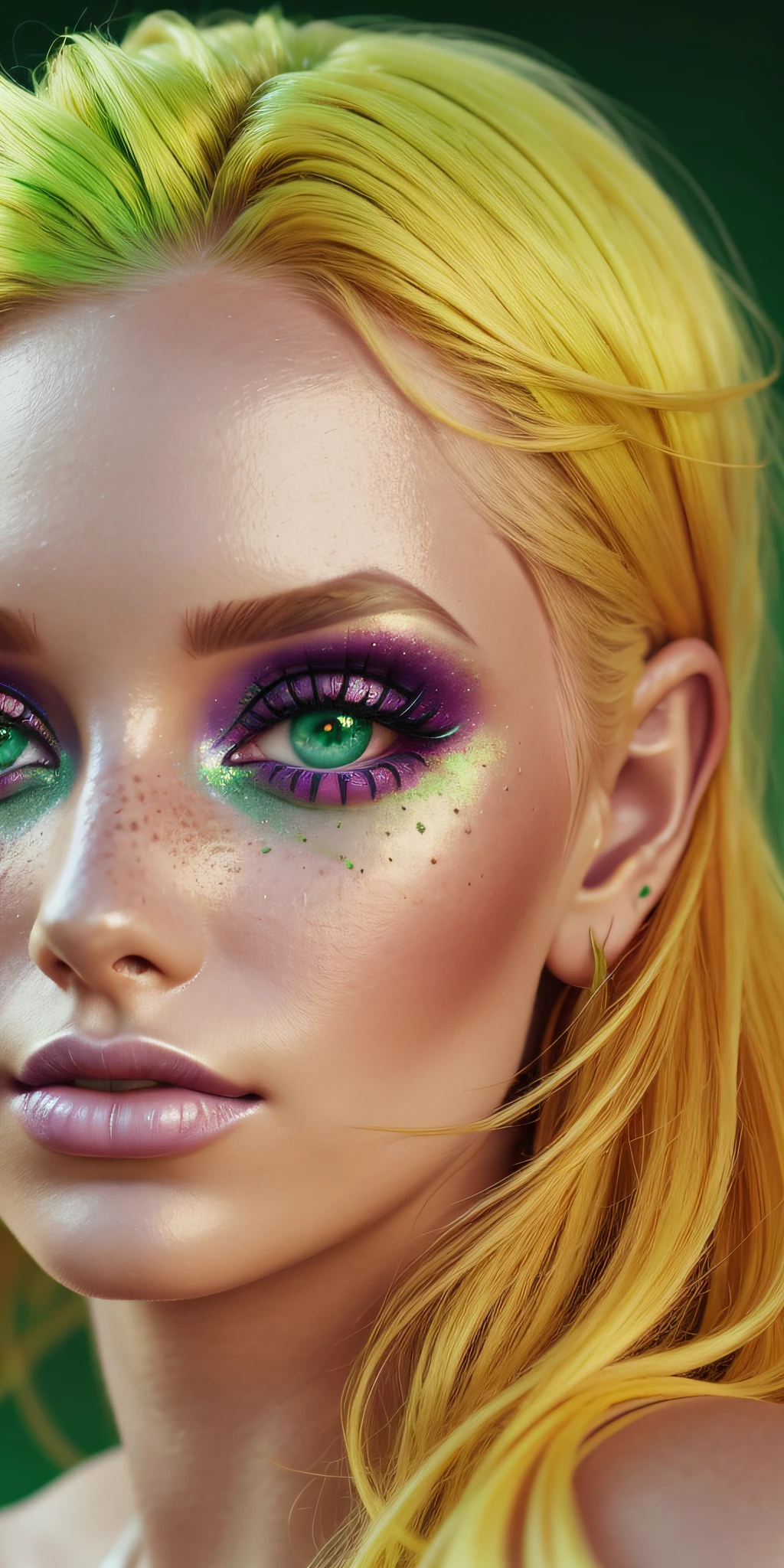 Beautiful close-up on a green background. Blond model with bright orange makeup. Creative makeup. Fake freckles moist glowing skin. Fashion editorial And high quality, high quality. Clear, true colors and nature background