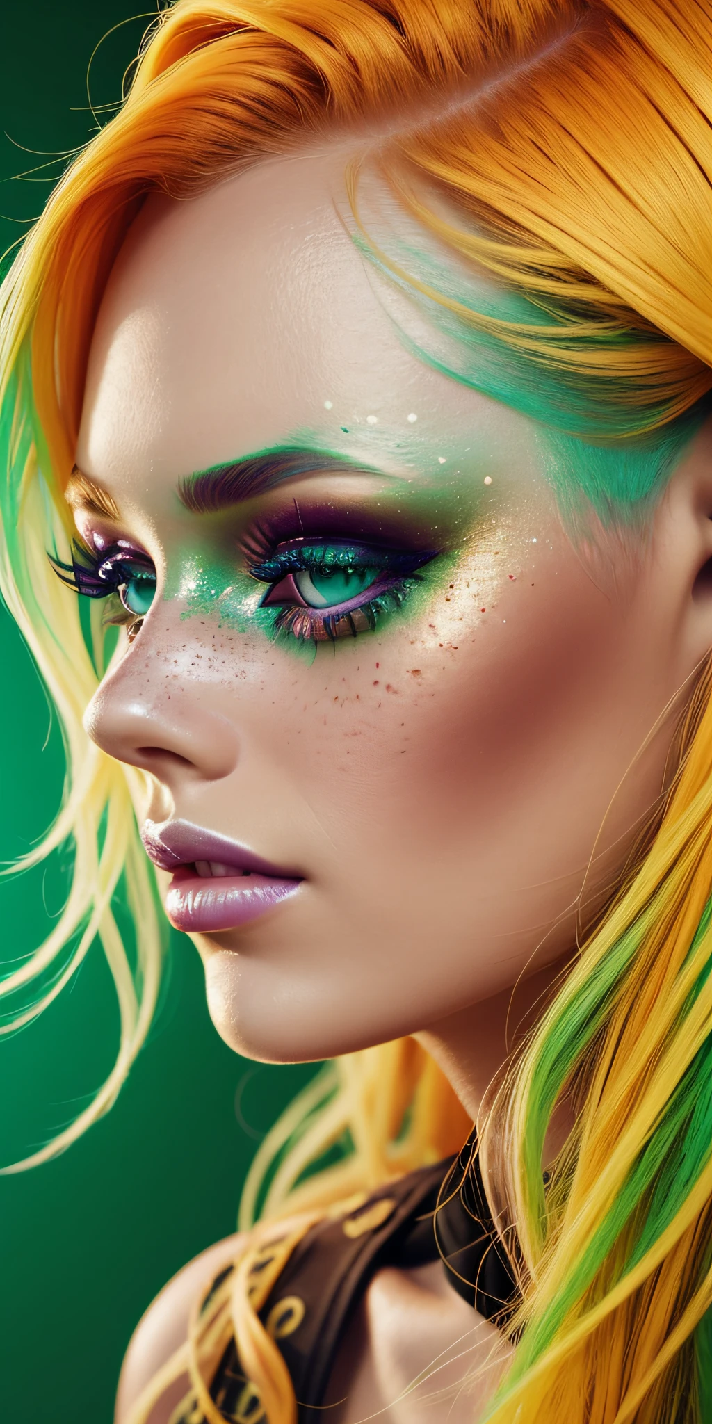 Beautiful close-up on a green background. Blond model with bright orange makeup. Creative makeup. Fake freckles moist glowing skin. Fashion editorial And high quality, high quality. Clear, true colors and nature background