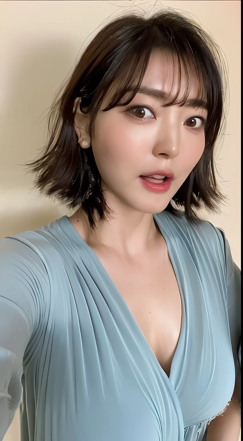 (Best Quality, 8k, 32k, Masterpiece, UHD:1.3), (Photo of Attractive Japanese Woman), 1 Girl, (Big Boobs:1.2), (short wavy hair), Abs, Perfect Body, Ultra Detailed Face, Detailed Lips, Fine Eyes, double eyelids, pajamas, on the bed, (seductive), ((aroused:1.5)), ((areolae slip))