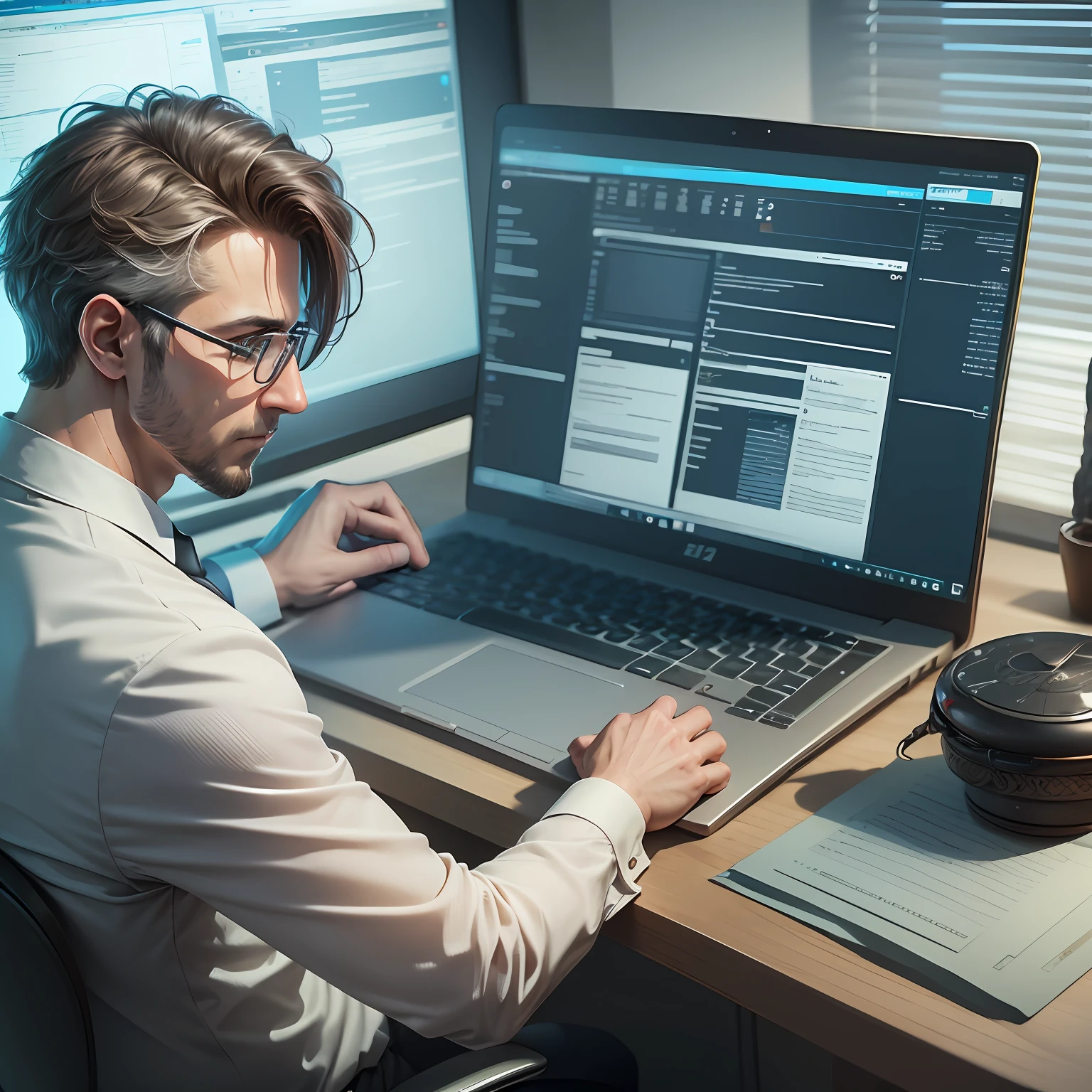 (extremely realistic CG image) A male lawyer intently investigating a case on his computer screen. Data and a person's shadow are shown on the computer screen.(high-tech) --auto --s2
