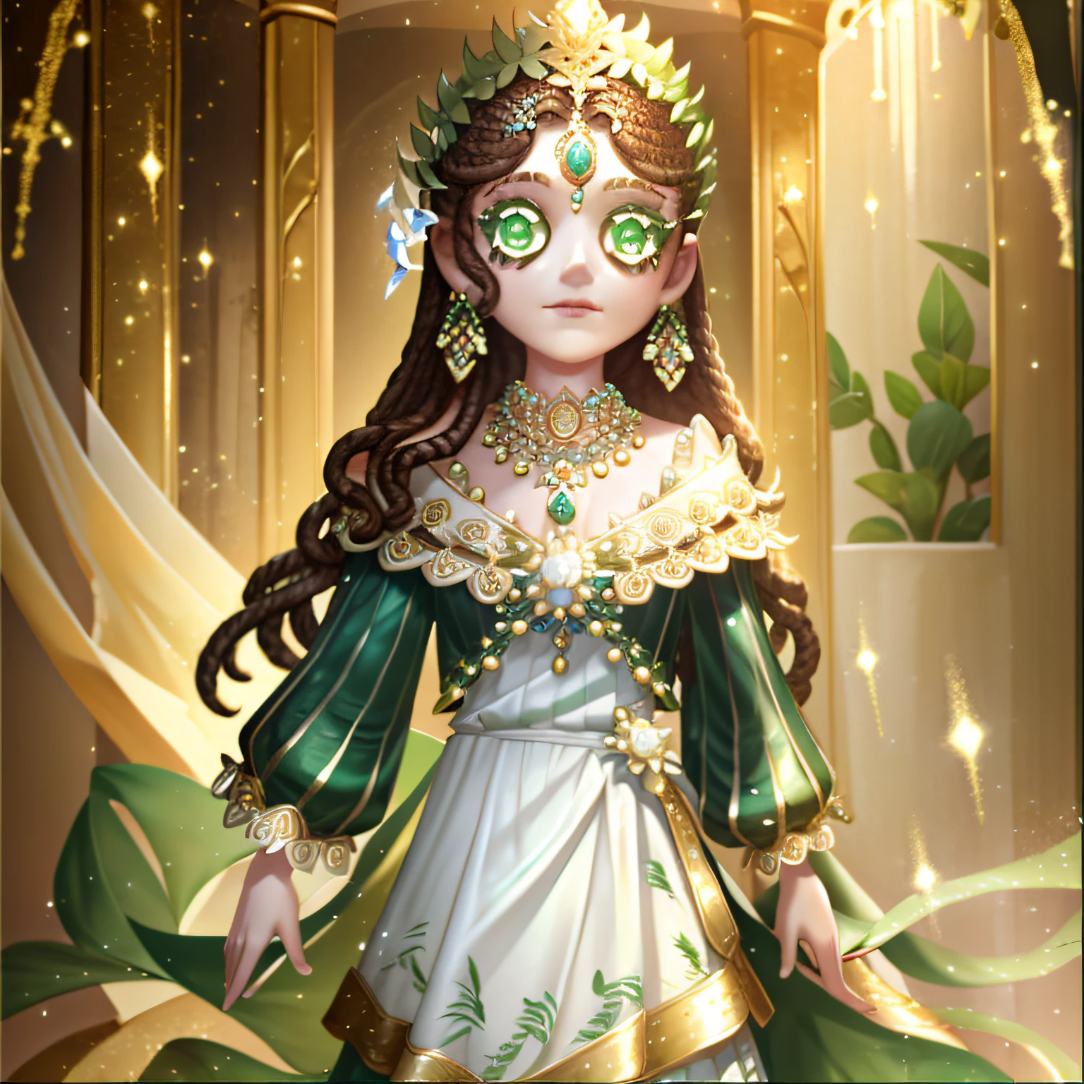 masterpiece, high quality, young boy, white dress decorated with jewels in places, upper body emerald green, glittering hair ornament, brown hair, facing forward, looking at camera, full body, center of screen
