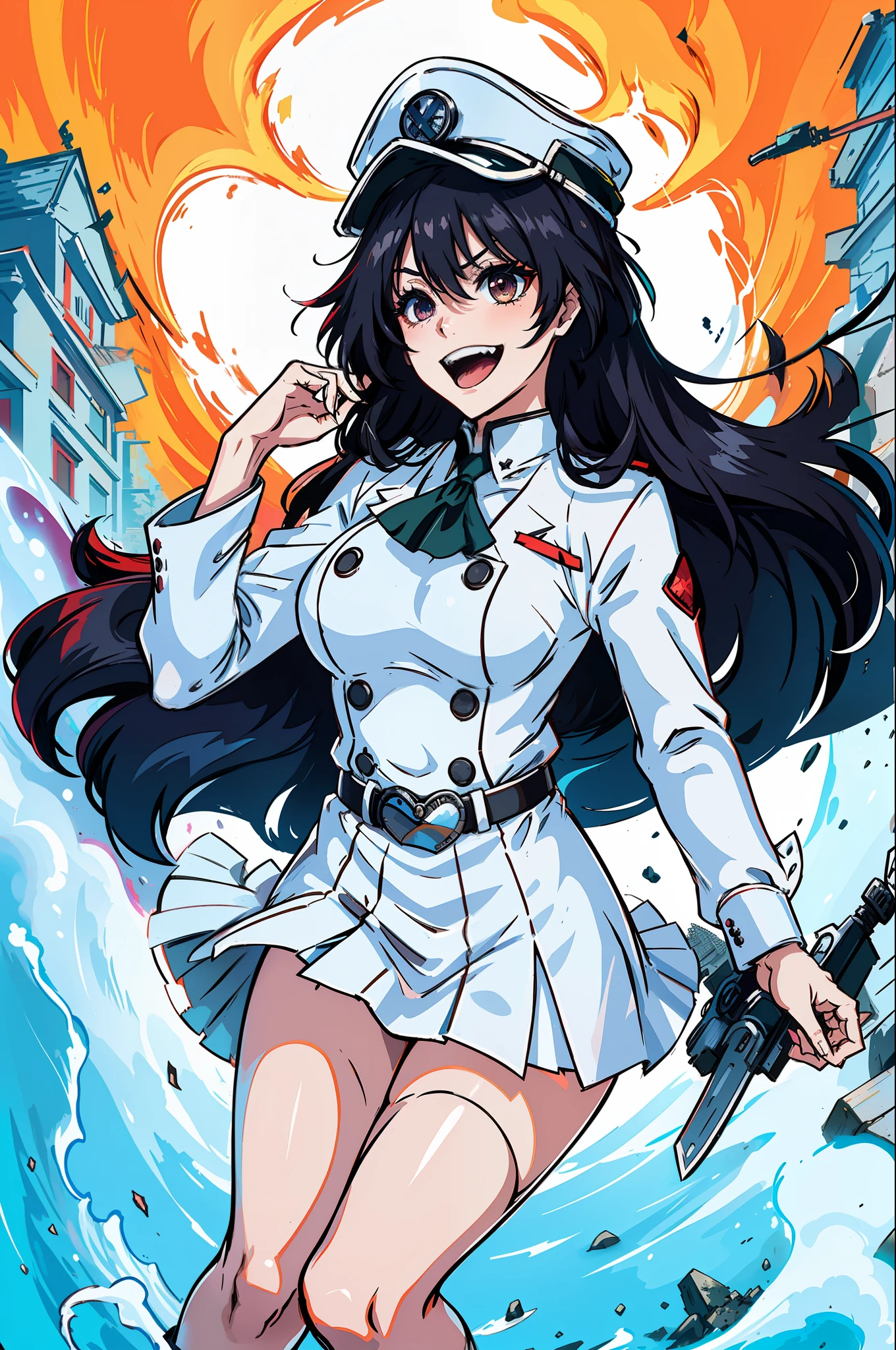 Masterpiece, top quality, ruined city and fire in the background, white Nazi SS Militari, 4K manga wallpaper, BLEACH, Exterminator, Shalltear Bloodfallen, badass anime 8 K, gapmoe yandere, yandere, albedo from Anime Overlord, creepy smile, crazy laugh, fished out laughter at the corners of the mouth, long black hair, white miniskirt, white long-sleeved military uniform, holding nothing in hands, White pleated skirt, belt, heart buckle, heart-shaped buckle, buster sword