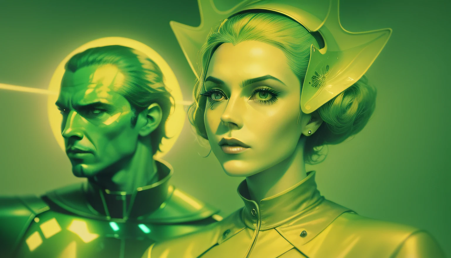 a man and a woman in green and yellow, a matte painting by Ed Paschke, behance, retrofuturism, reimagined by industrial light and magic, 1970s, criterion collection