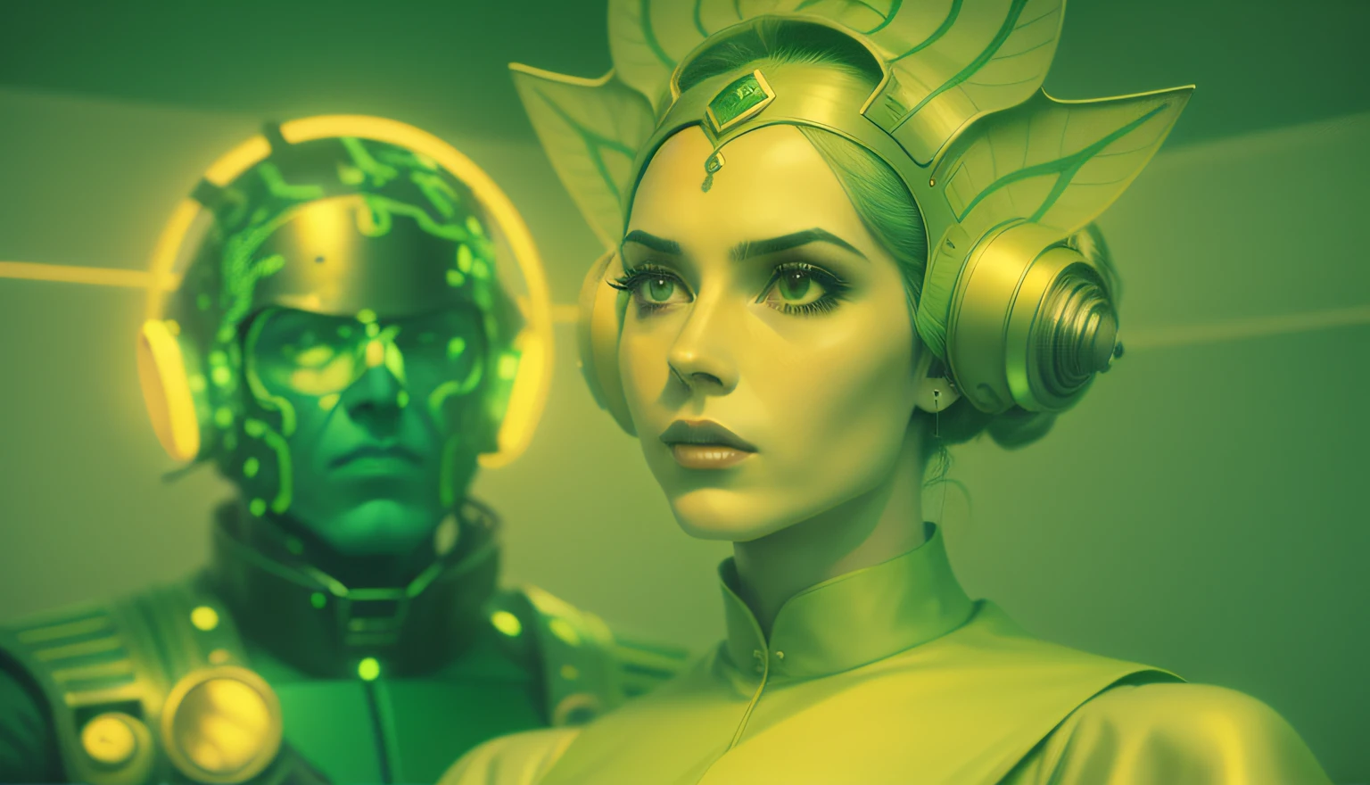 a man and a woman in green and yellow, a matte painting by Ed Paschke, behance, retrofuturism, reimagined by industrial light and magic, 1970s, criterion collection