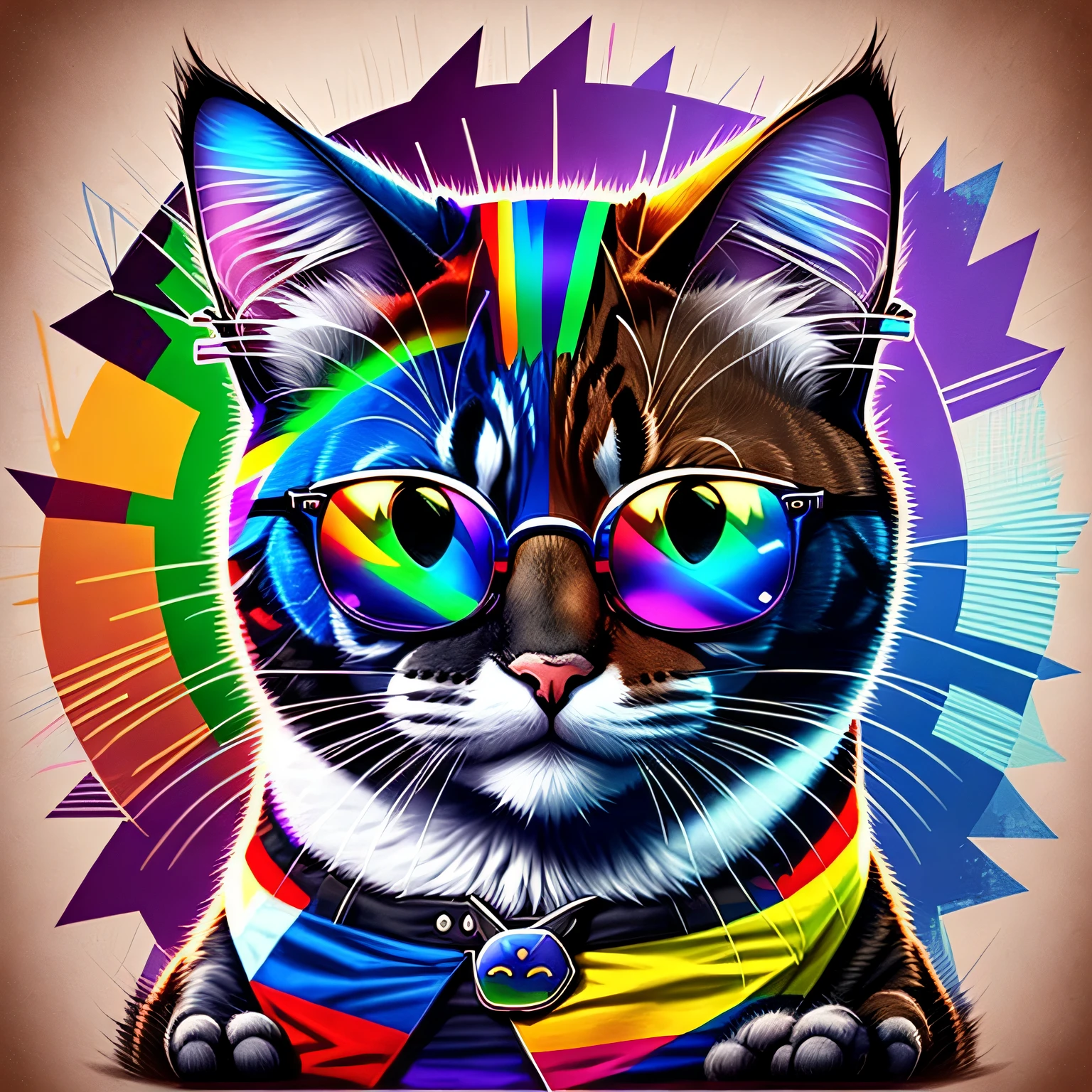 cool-faced cat wearing dark glasses, wearing a shirt that is an LGBT flag --auto --s2
