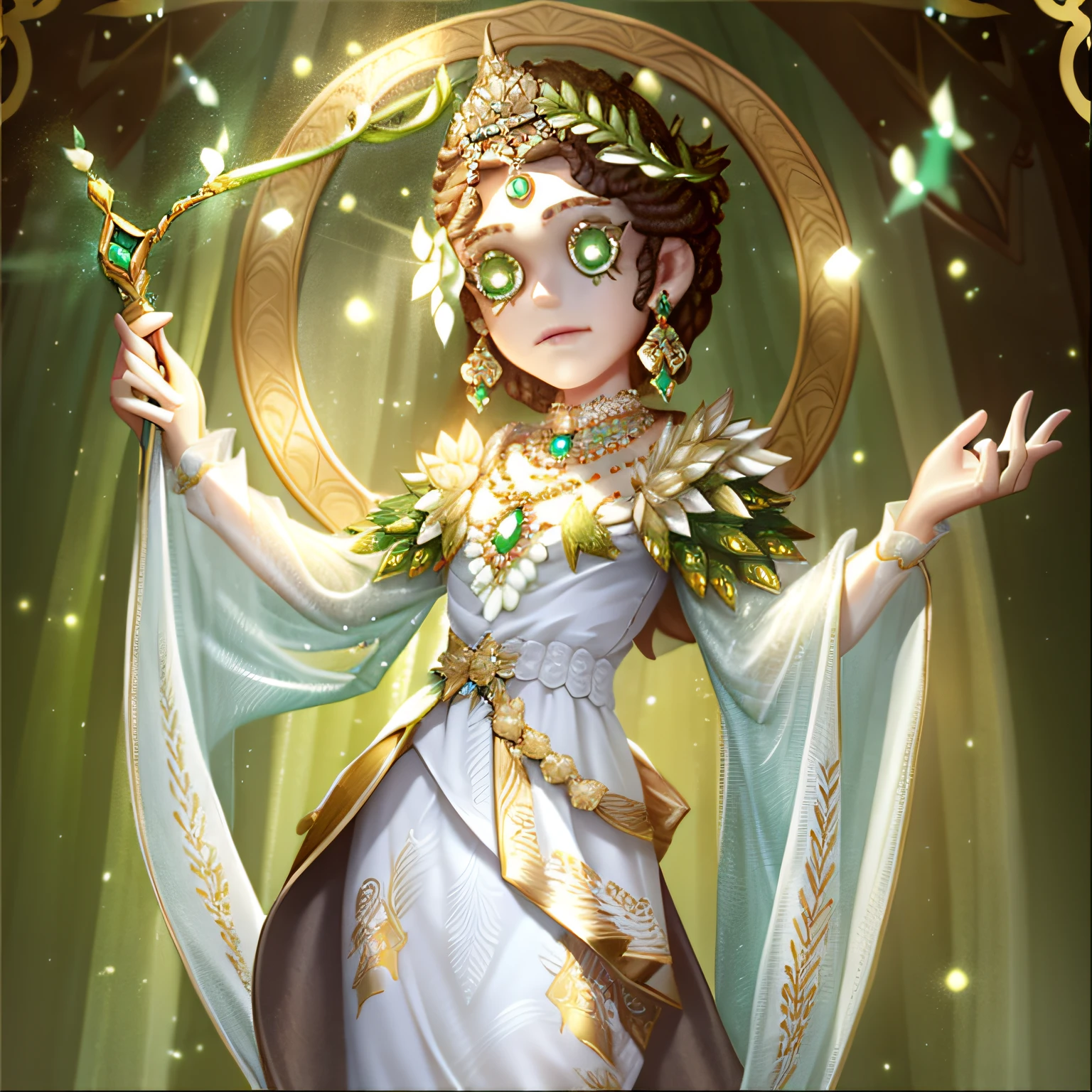 masterpiece, high quality, young boy, white dress decorated with jewels in places, upper body emerald green, glittering hair ornament, brown hair, facing forward, looking at camera, full body, center of screen