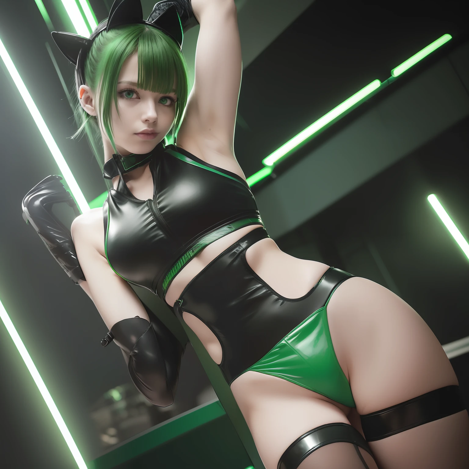 Cyberpunk Edge Runners, 1 Girl, Lucy \ (Cyberpunk \), Green Eyes, Cyber Eye, , Pale Skin, Petite Figure, (Medium Chest, Wild Girl, Small Head)), Sunlight, Sunlight, (Perfect Body: 1,1), (Young), (Short Wavy Hair: 1,2), ((Green and Black Two-Tone Hair)), (Hair with Bangs)), Collar, Full Length, Crowded Street Black latex panties, (wearing tight cropped ((green lightning pattern, black latex sports bra), (black latex panties)), (highly detailed CG 8k wallpaper), (very delicate and beautiful), (masterpiece), (best quality: 1.0), (super high definition: 1.0), gorgeous lighting, perfect flash, realistic shadows, [high resolution], detail skin, Very detailed, pale skin, barefoot,(green cat ears)