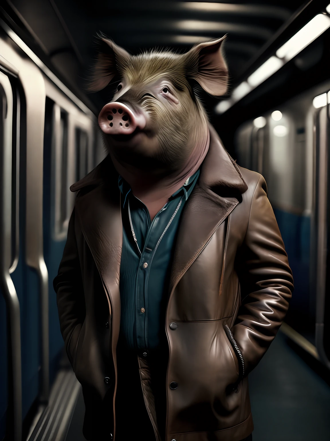 A pig in a leather suit, standing in the subway, lonely, crazy eyes, realistic: 2, masterpiece, super high resolution, CG 8K wallpaper)), physically rendered, centered full body opt-6000