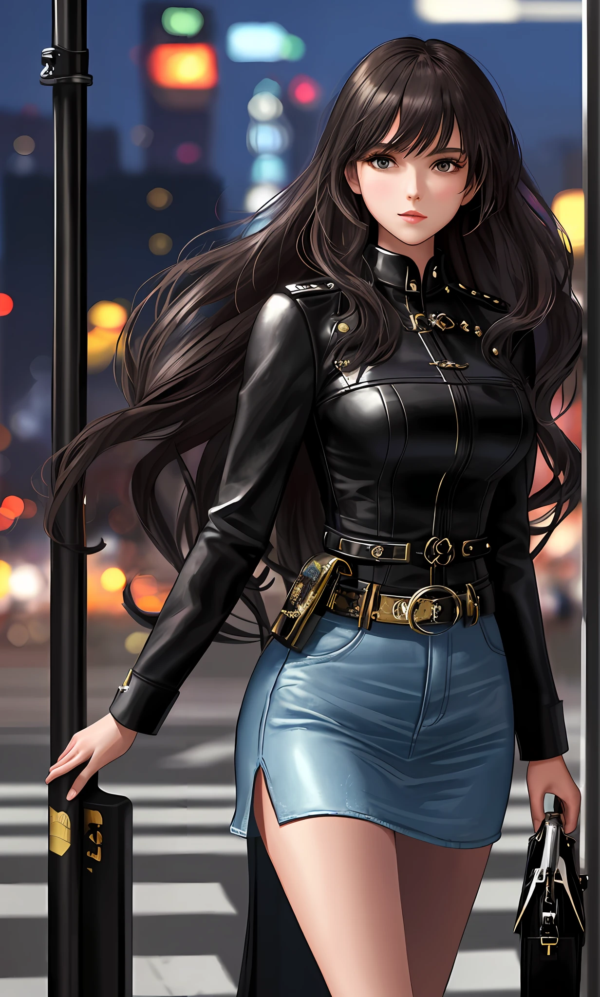 "((((best quality)))), (((ultra-detailed))), ((masterpiece))), illustration, a detailed prompt, featuring a 23-year-old woman who exudes confidence and style. From a slightly elevated angle, the perspective captures her on the subway platform, and the theme is urban chic with a touch of sexiness. The woman wore a leather jacket that fit sexily and accentuated her curves. She strides confidently in high heels, adding a charm to her appearance. Her long flowing hair and loose wavy shape add to her overall charm. The background shows a bustling cityscape, with high-rise buildings and blurred lights, reflecting the vibrancy of the urban environment. The cue captures a woman's confident demeanor, highlighting her independence and fashion taste. Overall, the illustrations exude a combination of power, style, and urban sophistication.