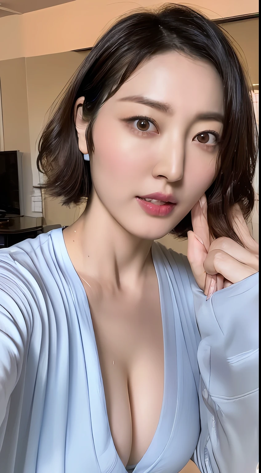 (Best Quality, 8k, 32k, Masterpiece, UHD:1.3), (Photo of Attractive Japanese Woman), 1 Girl, (Big Boobs:1.2), (short wavy hair), Abs, Perfect Body, Ultra Detailed Face, Detailed Lips, Fine Eyes, double eyelids, pajamas, on the bed, (seductive), ((aroused:1.5)), ((areolae slip))