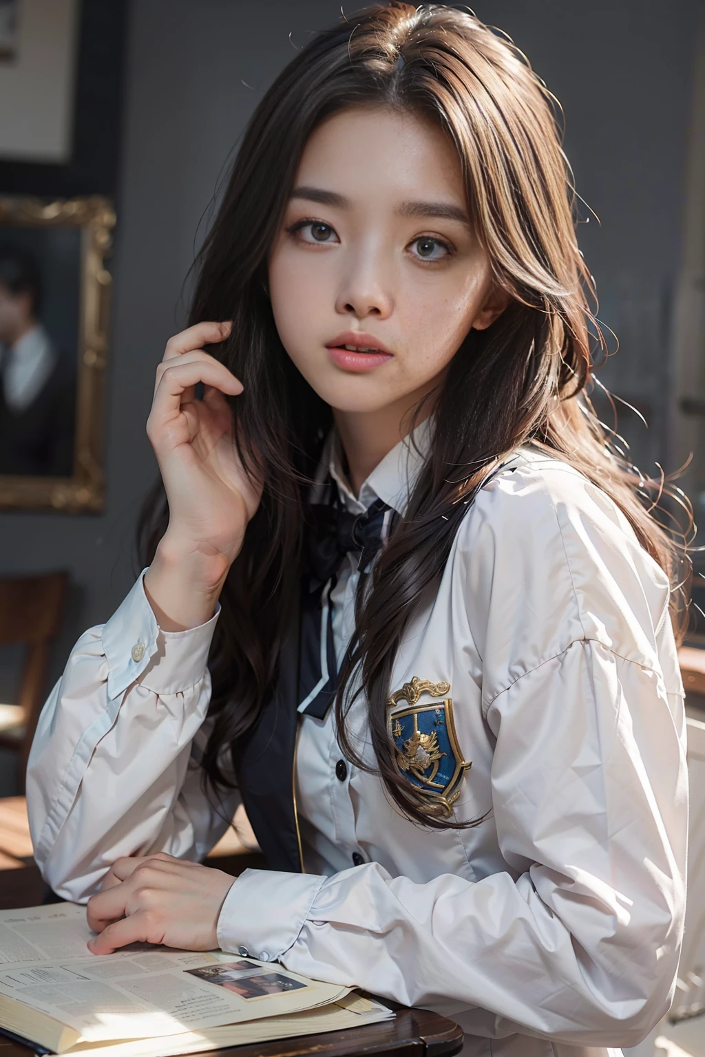 (Extreme Detail CG Unity 8K wallpaper, masterpiece, highest quality), (Exquisite lighting and shadow, highly dramatic picture, Cinematic lens effect), a 18-year-old girl in a JK college-style school uniform is taking an exam, confident and beautiful, dynamic pose), (excellent detail, excellent lighting, wide angle), (excellent rendering, enough to stand out in its class), focus on JK college-style uniform ,Exquisite face, perfect facial features details