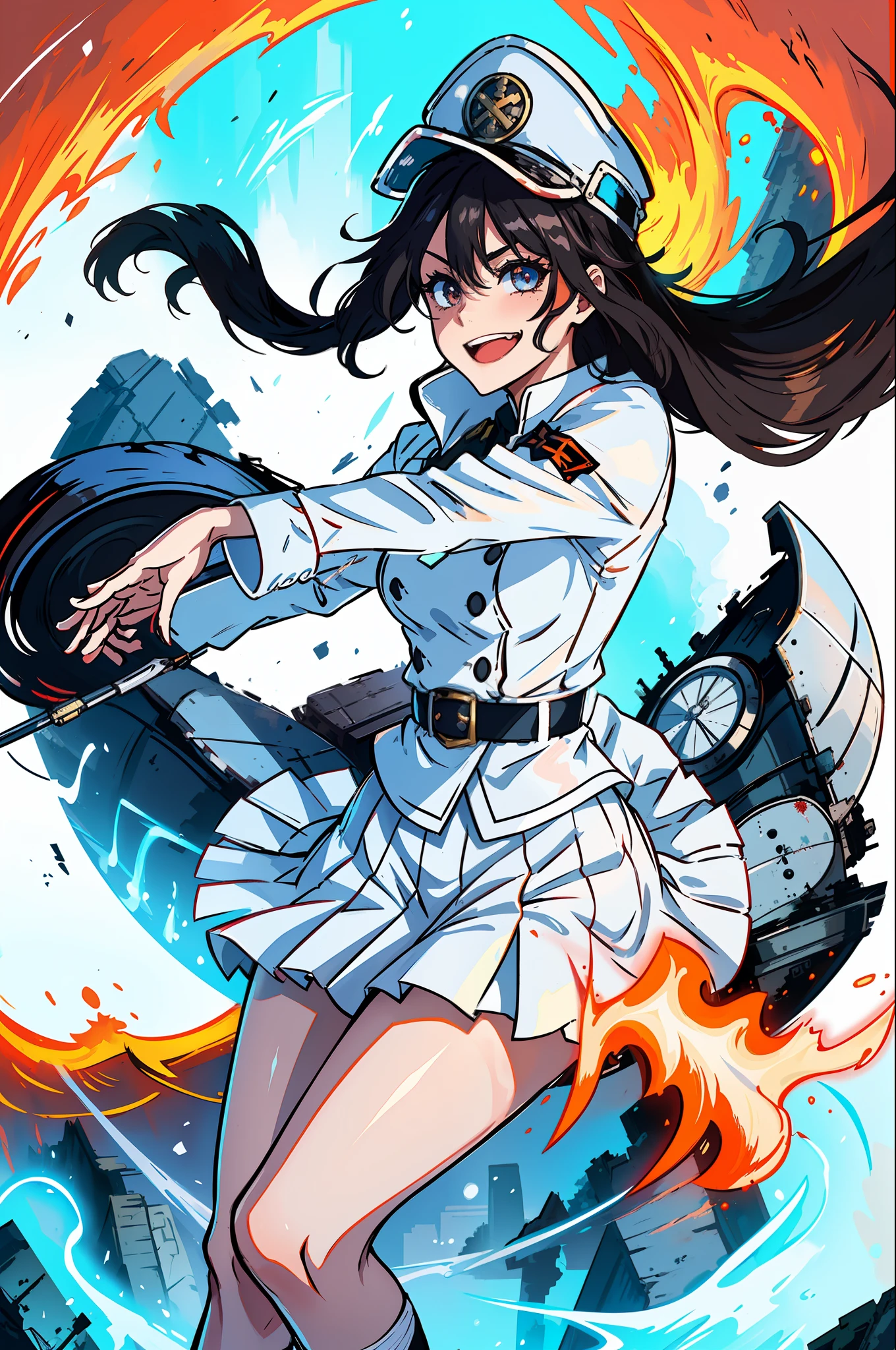 Masterpiece, top quality, ruined city and fire in the background, white Nazi SS Militari, 4K manga wallpaper, BLEACH, Exterminator, Shalltear Bloodfallen, badass anime 8 K, gapmoe yandere, yandere, albedo from Anime Overlord, creepy smile, crazy laugh, fished out laughter at the corners of the mouth, long black hair, white miniskirt, white long-sleeved military uniform, holding nothing in hands, White pleated skirt, belt, heart buckle, heart-shaped buckle, buster sword