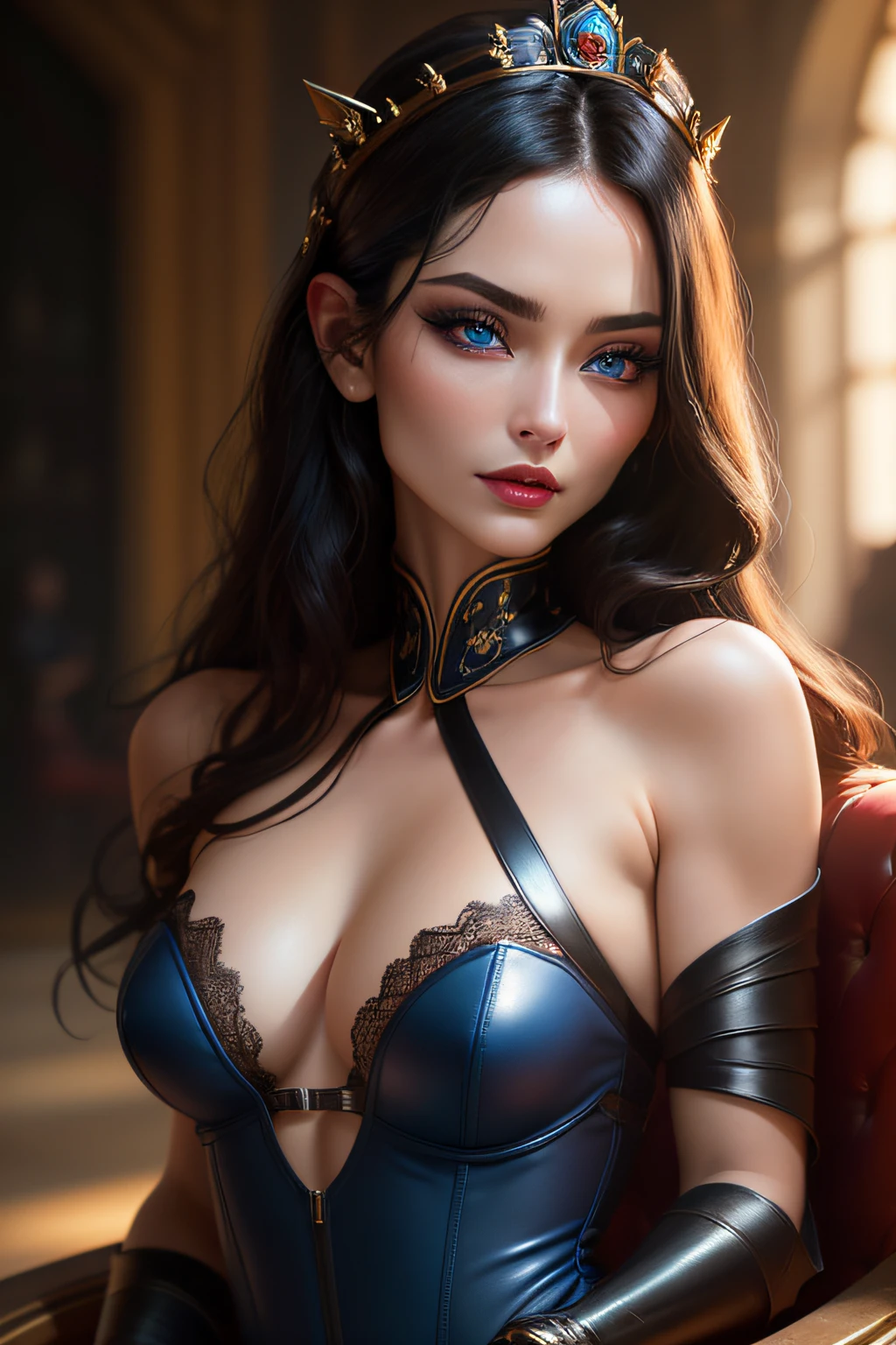 "(masterpiece 1.3, best quality, 8k, sharp focus, depth of field, best shadows, perfect lights, HDR, realistic skin texture, ultra-detailed, detailed background)", photorealistic, RAW photo, An Empress (1 woman, long black hair, blue eyes, white skin, small breasts, old Korea, makeup, lots of gloss, dark eyelash, dark eye shadow, perfect nose), in a cruel sexy mistress bustier,  leather, one-piece, black and blue, lying in her royal chambers, intimidating,
