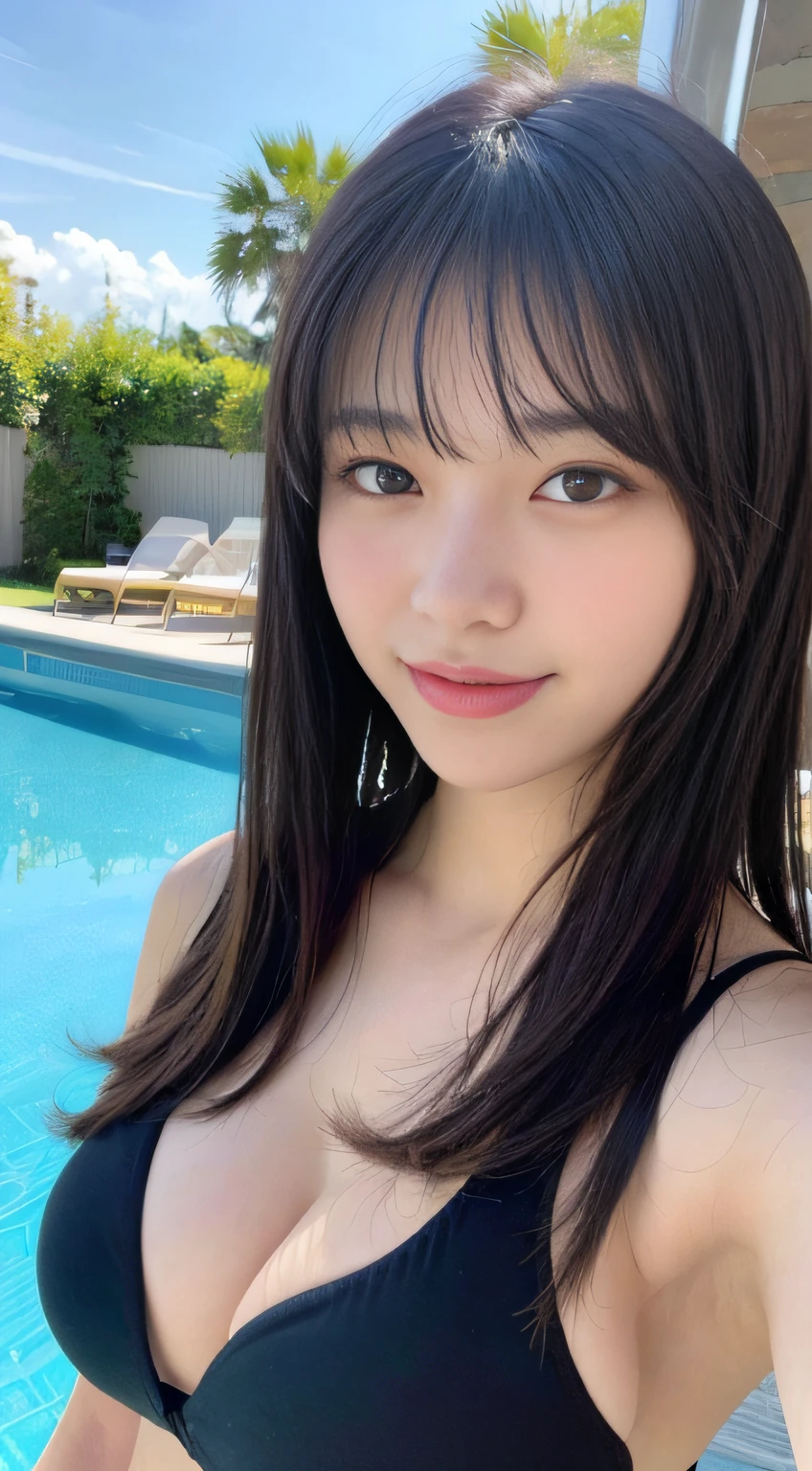 (Top Quality, 8k, Masterpiece: 1.3), Cute Girl with Perfect Figure: 1.4, (Big: 1.5), (High School Student, Teen), Black Hair, (Bangs: 1.2), Bikini, Poolside, Highly Detailed Face and Skin, Detailed Eyes, Double Eyelids, Smile, Full Body,