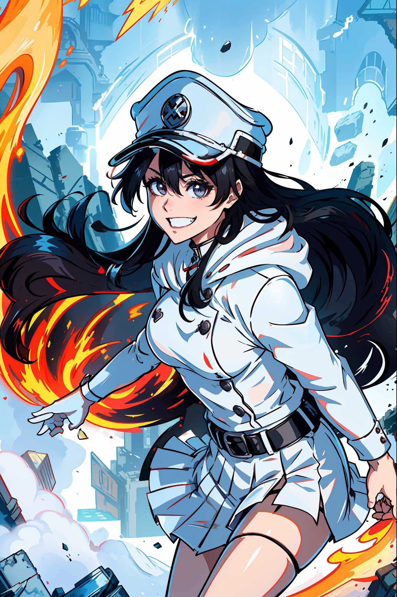 Masterpiece, top quality, ruined city and fire in the background, white Nazi SS Militari, 4K manga wallpaper, BLEACH, Exterminator, Shalltear Bloodfallen, badass anime 8 K, gapmoe yandere, yandere, albedo from Anime Overlord, creepy smile, crazy laugh, fished out laughter at the corners of the mouth, long black hair, white miniskirt, white long-sleeved military uniform, holding nothing in hands, White pleated skirt, belt, heart buckle, heart-shaped buckle