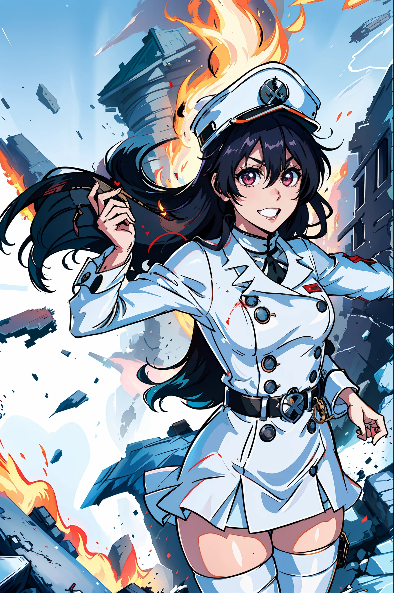 Masterpiece, top quality, ruined city and fire in the background, white Nazi SS Militari, 4K manga wallpaper, BLEACH, Exterminator, Shalltear Bloodfallen, badass anime 8 K, gapmoe yandere, yandere, albedo from Anime Overlord, creepy smile, crazy laugh, fished out laughter at the corners of the mouth, long black hair, white miniskirt, white long-sleeved military uniform, holding nothing in hands, White pleated skirt, belt, heart buckle, heart-shaped buckle