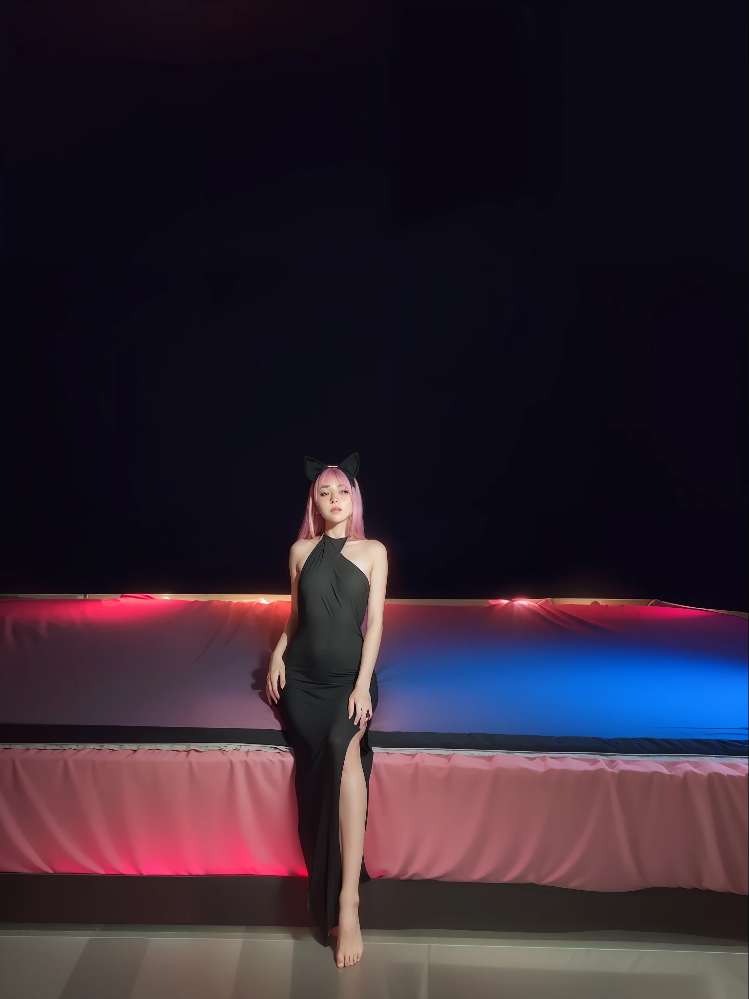 1girl, animal ears, barefoot, bed, bed sheet, canopy bed, curtain grab, curtains, covered navel, covered, on bed, pink hair, sheet grab, sitting, smile, solo, tail, lily_\(flower\), looking a viewer, (flat chest:1.2), see-through, solo, beautiful and delicate detailed girl, illustration, unity 8k wallpaper, masterpiece, best quality, (upper body:1.6),