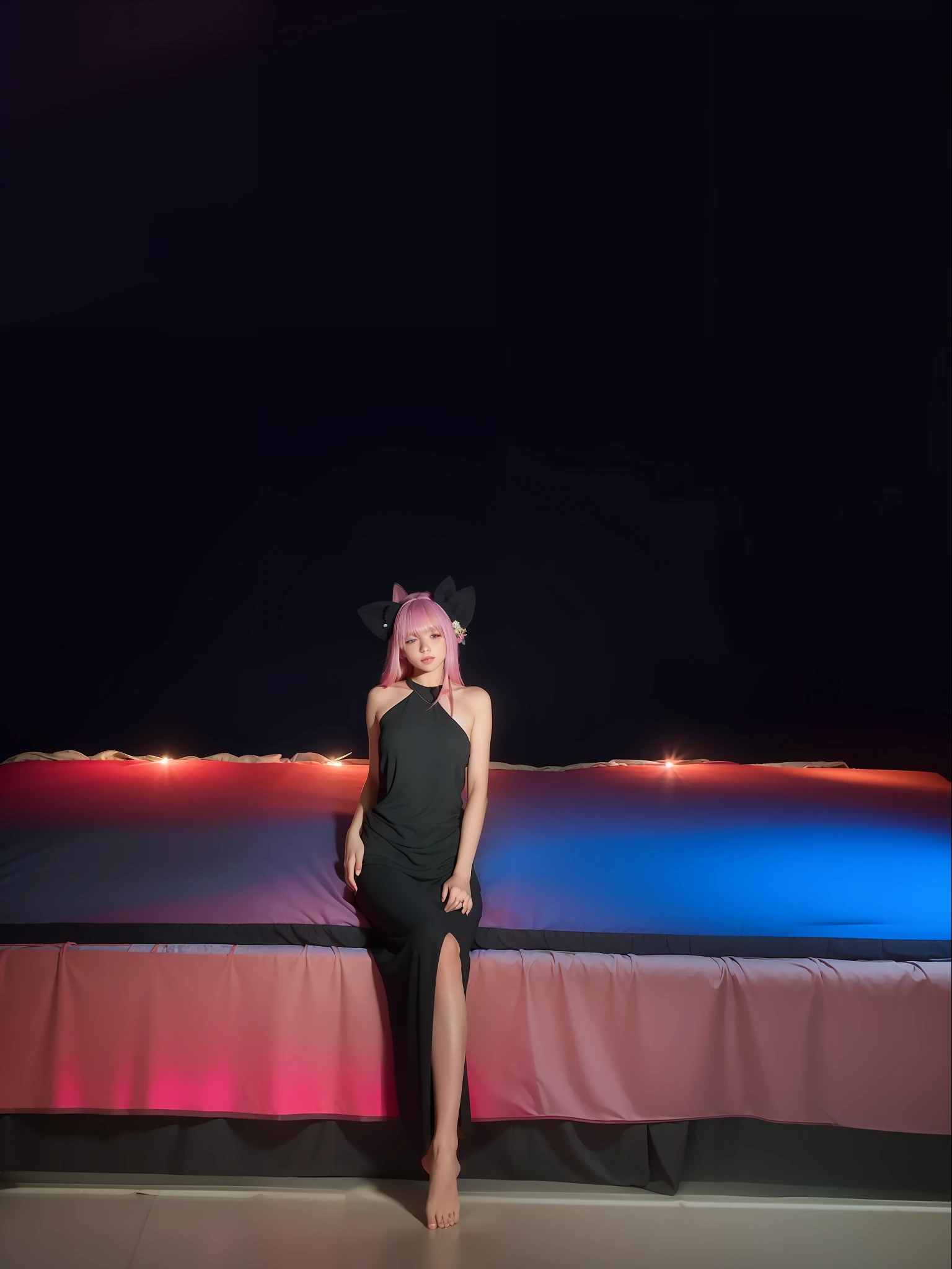 1girl, animal ears, barefoot, bed, bed sheet, canopy bed, curtain grab, curtains, covered navel, covered, on bed, pink hair, sheet grab, sitting, smile, solo, tail, lily_\(flower\), looking a viewer, (flat chest:1.2), see-through, solo, beautiful and delicate detailed girl, illustration, unity 8k wallpaper, masterpiece, best quality, (upper body:1.6),