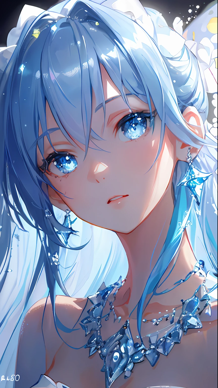 masterpiece, best quality, illustration, sax blue, platinum earrings, platinum necklace, white dress, 1girl, cute, (dynamic lighting:1.2), cinematic lighting, delicate facial features, detailed eyes, sharp pupils, realistic pupils, depth of field, bokeh, sharp focus, (hyper-detailed, bloom, glow:1.4), many small gems