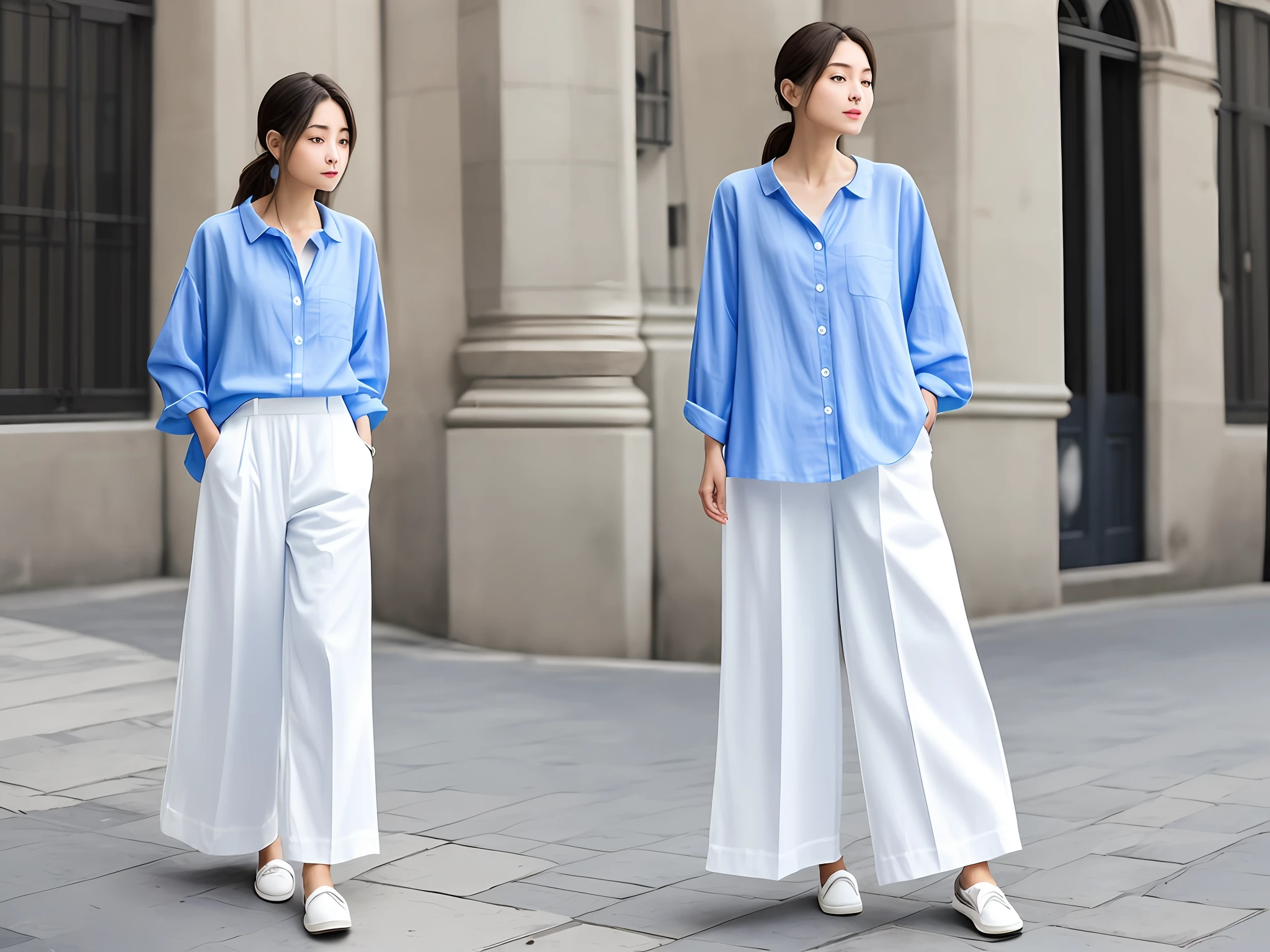 Narrow-shouldered European woman wearing blue loose shirt and white wide-leg pants