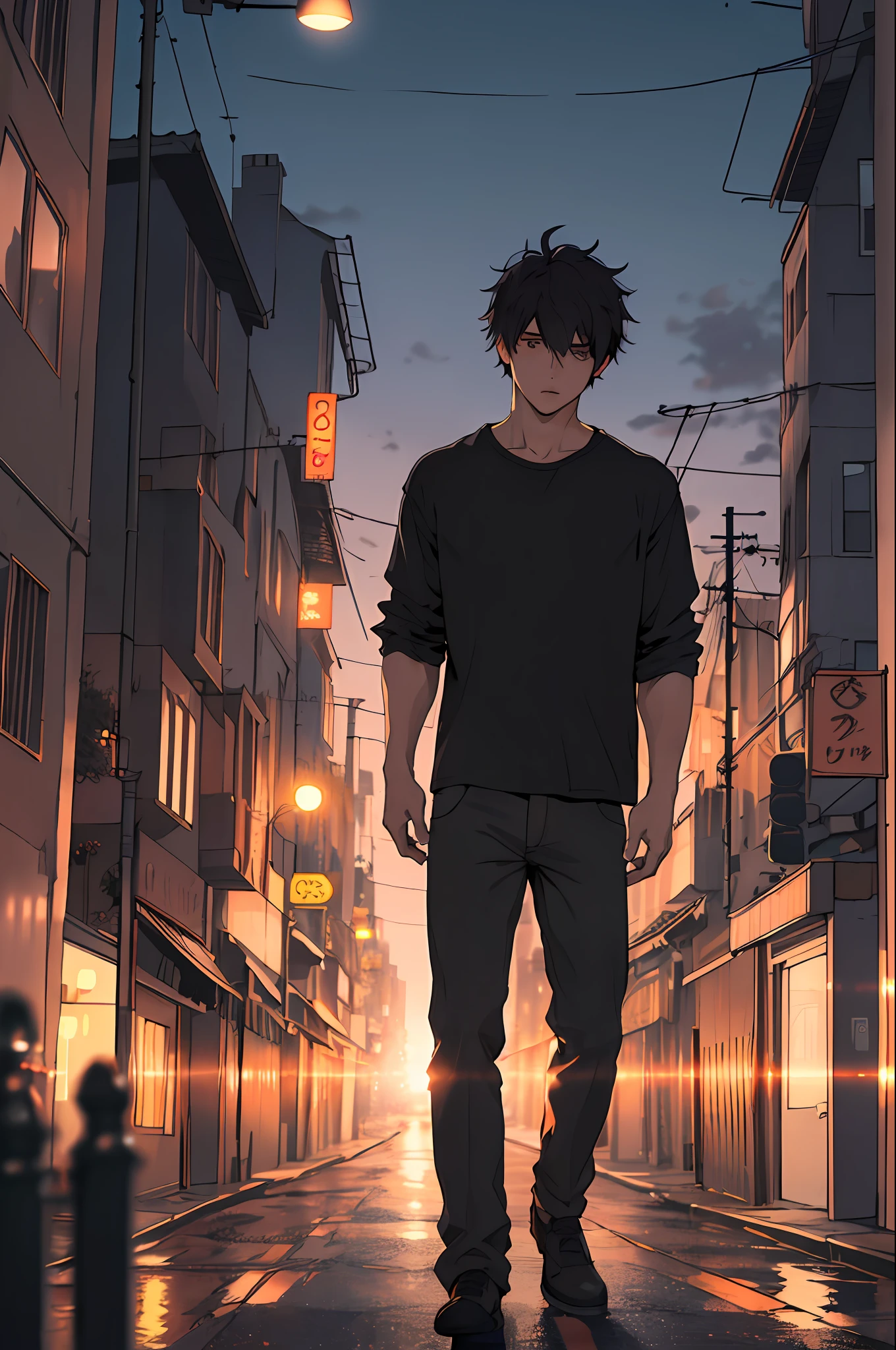 1man,masterpiece,best quality, ultra high res, dusk,cityscape,depth of field, short black messy hair, solo male