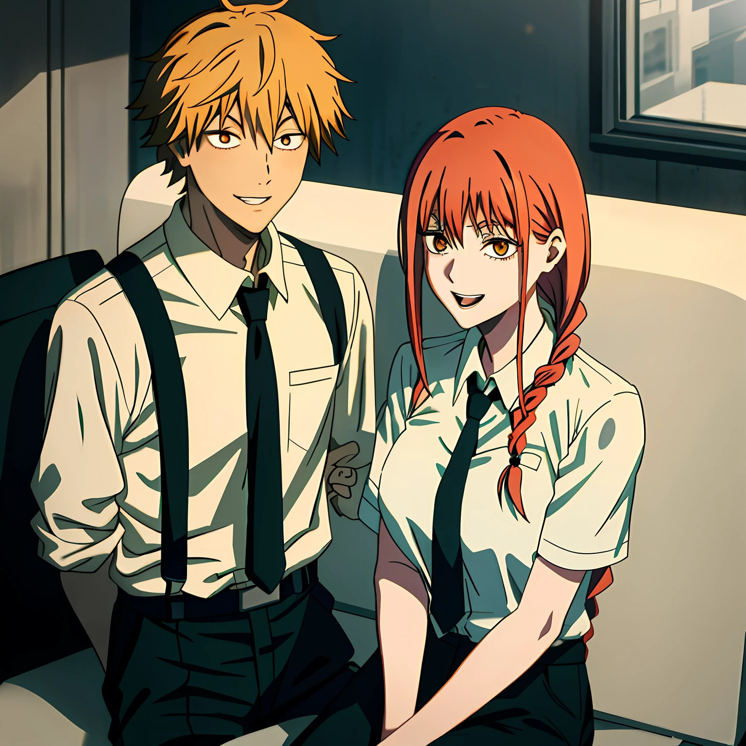 open mouth,(kiss),best quality, insanely detailed,1girl,1boy, sitting,in-flight and and (1boy:1.4) BLOND HAIR, denji \(chainsaw man\),and 1gir,makima \(chainsaw man\), best quality, ultra detailed, 1girl, , standing, red hair, long braided hair, golden eyes, bangs,, large boobs, stare, smile, (evil:1.2),, makima \(chainsaw man\),shirt, sidelocks, solo, uniform, white shirt, black necktie, black pants