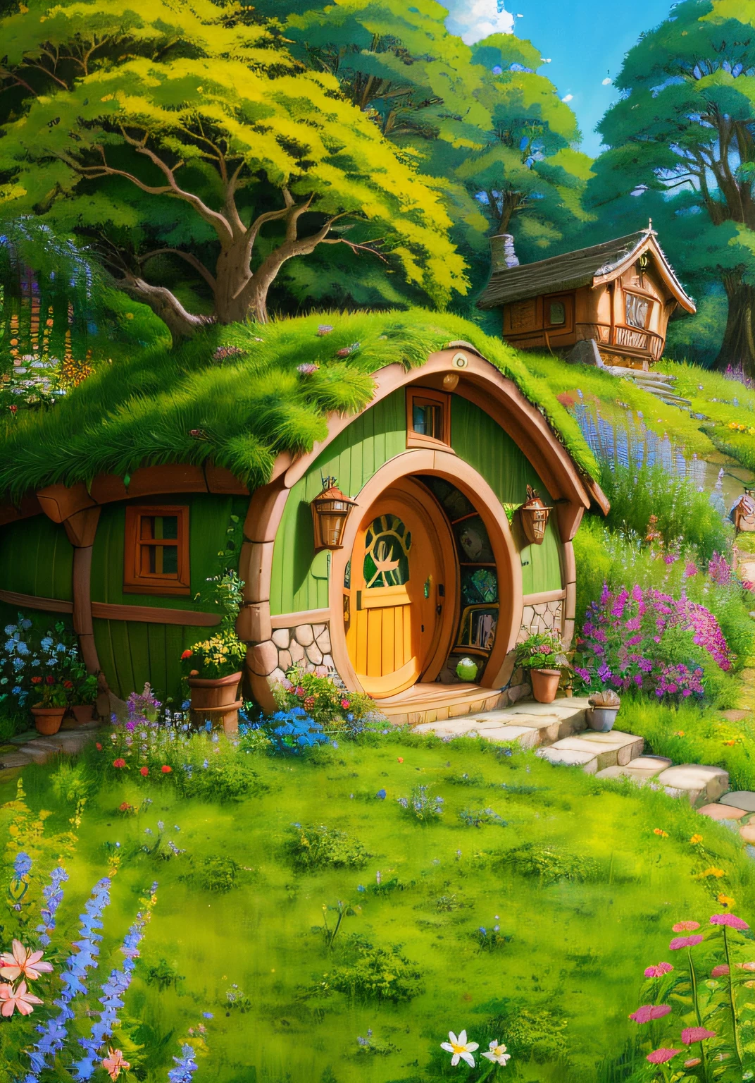 Realistic, real life, beautiful hobbit house on the hill, laurie graceley style, studio ghibli, akira toriyama, james gilard, genshin influence, popular pixiv fanbox , acrylic palette knife, 4k, vibrant colors, devinart, trends on artstation