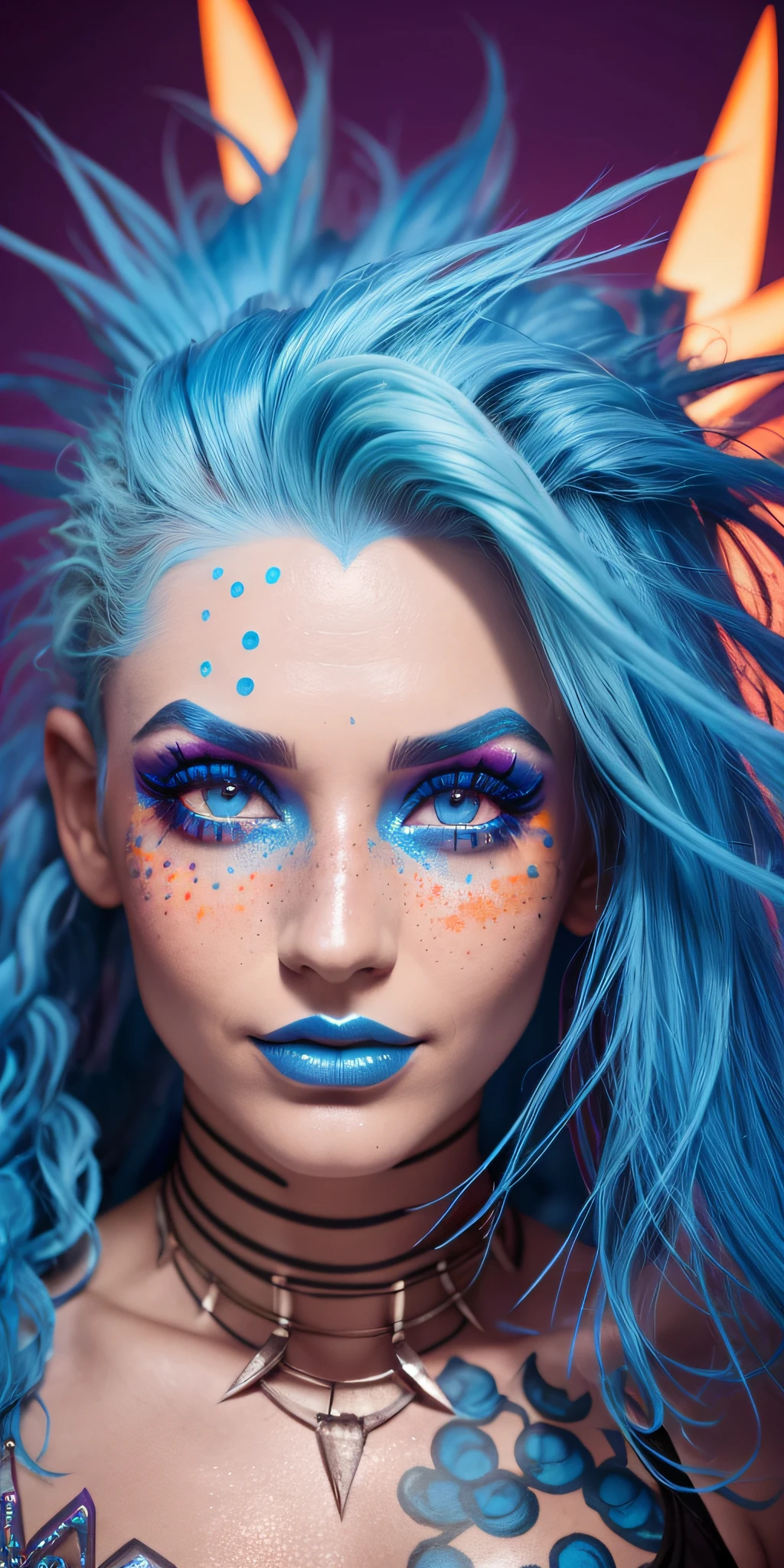 Nice close-up. A spiky blue-haired model with bright orange makeup. Creative makeup. Fake Freckles Moist Glowing Skin. Editorial fashion, high quality and high quality. Clear, true colors and a natural background