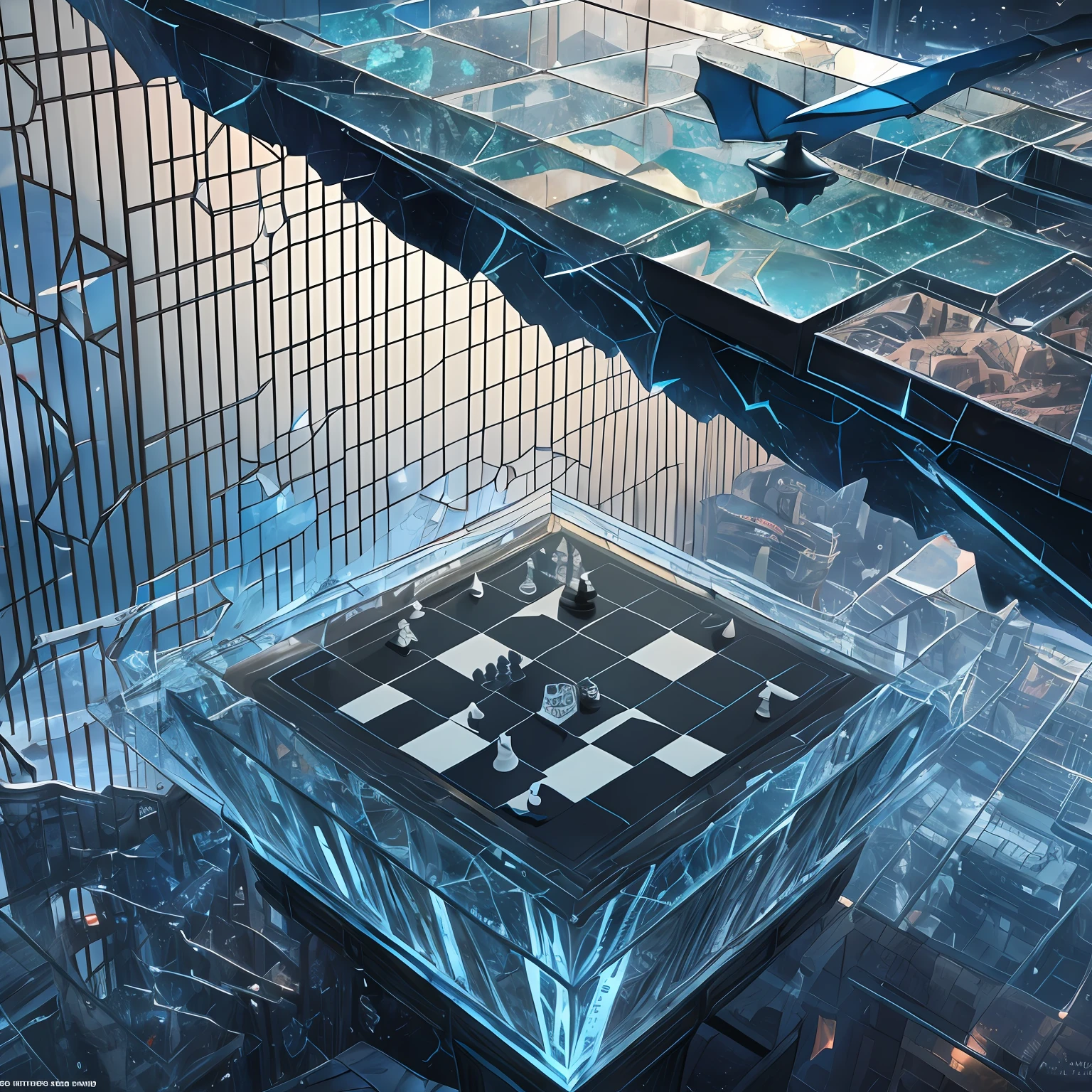 A Night Knight Jump (Broken Glass: 1.5) 3D, HDR (Top View) Photo Realism, Floating in Mid-Air, Huge (Chessboard: 1.3), Dome, Magic, Ominous, Gorgeous, Masterpiece, (Very Detailed), Best Quality, Very Detailed, UHD 8k, Octane Rendering, Ray Tracing, Award Winning Photography, Realism, Stunning Environments, Art Station Trends, Trends on CGsociety, Complex Environments, High Detail, Dramatic, Pastel Colors, Darkness, Dramatic light, art by Greg Rutsowski and Moebius and Antoine Muya, (Broken Glass: 1.3), (Grit: 1.3), (Attenuation: 1.3), (Dirt: 1.3), (Darkness: 1.3) (Neglect: 1.2) --auto --s2