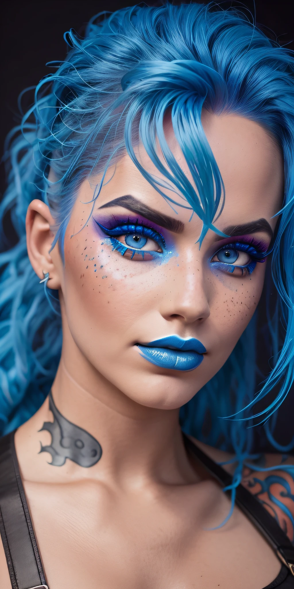 Nice close-up. A spiky blue-haired model with bright orange makeup. Creative makeup. Fake Freckles Moist Glowing Skin. Editorial fashion, high quality and high quality. Clear, true colors and a natural background