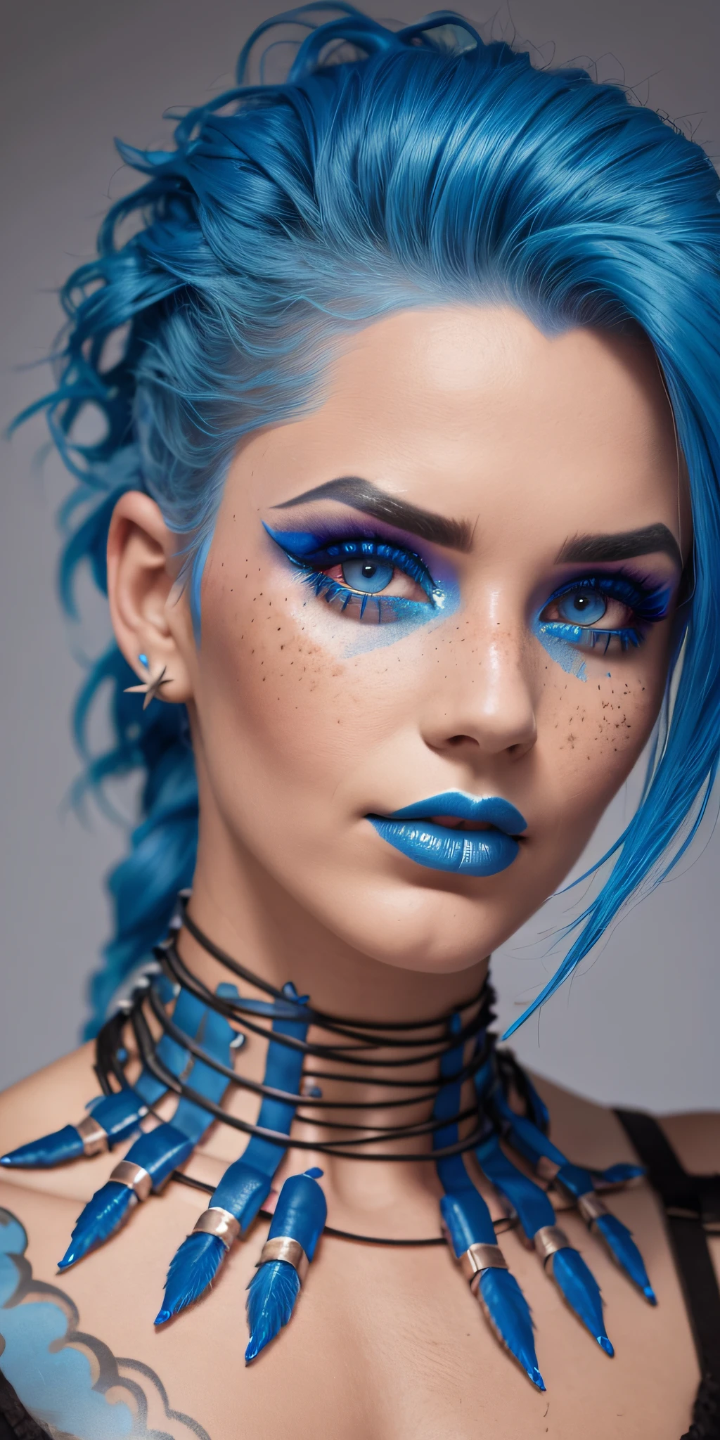 Nice close-up. A spiky blue-haired model with bright orange makeup. Creative makeup. Fake Freckles Moist Glowing Skin. Editorial fashion, high quality and high quality. Clear, true colors and a natural background
