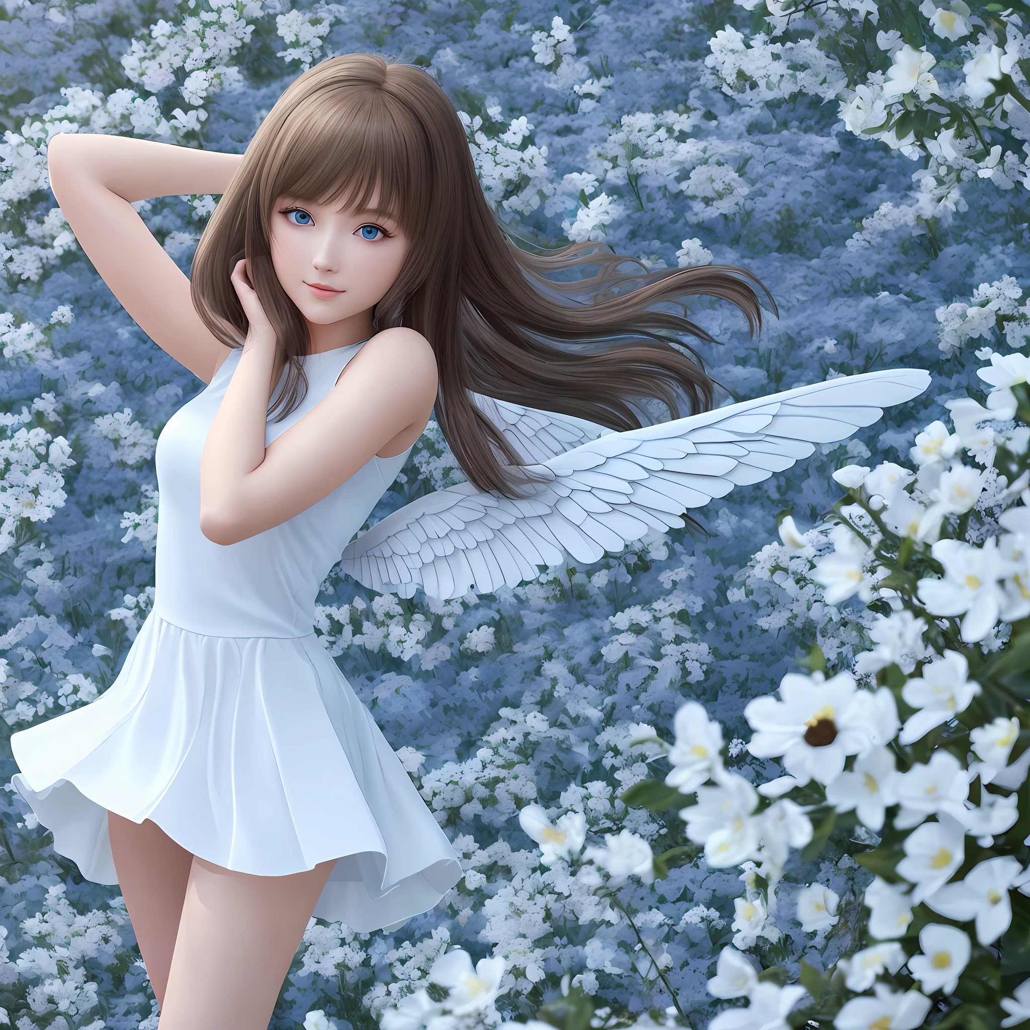 high resolution, best quality, masterpiece, ultra high definition, ultra high definition, ultra realistic, 3d, anime illustration, solo, very beautiful and cute woman in her twenties, she wears a light white floral miniskirt length dress and flutters her wings, her hair is moving, full body, wonderful perfect proportions, shiny light brown medium hair, high layer cut, mullet hairstyle, bright blue eyes, happy, shy