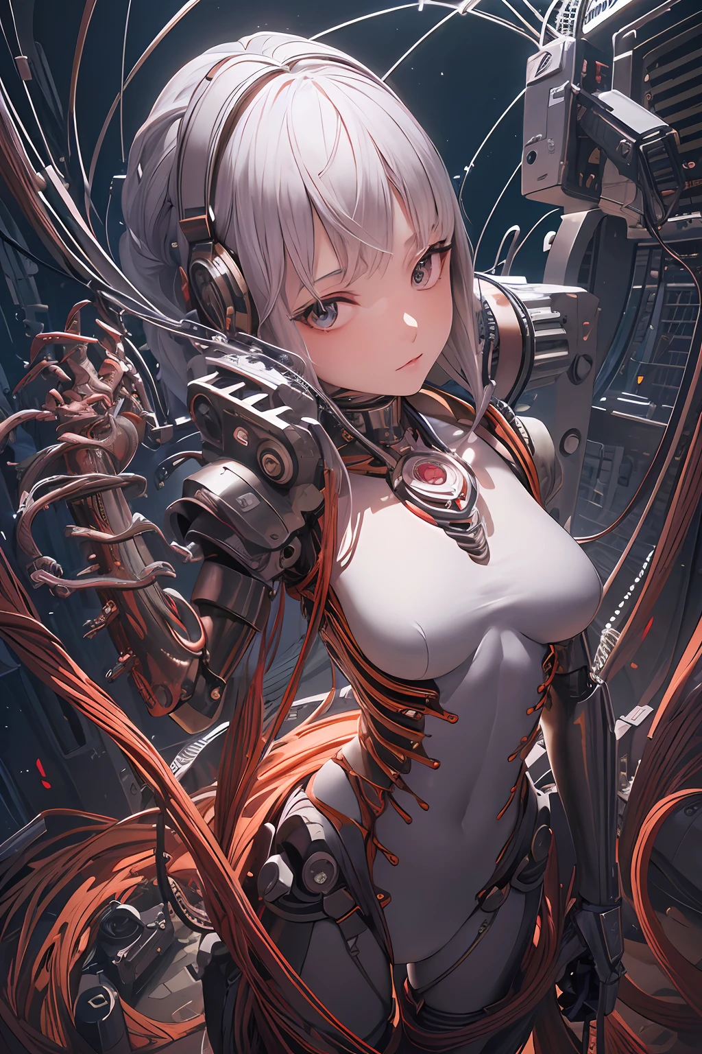 (((masterpiece))), ((best quality)), ((ultra-detailed)), (CG illustration), (an extremely devious and beautiful)), (cute desktop face), cinematic light, ((1 mechanical girl)), single, full, (machine-made joints). : 1.4), ((mechanical limb)), (blood vessel attached to tube), ((mechanical spine attached to back)), ((mechanical cervical vertebrae attached to neck), ((combat)), expressionless, (wires and cables attached to head and body: 1.5), (character focus), science fiction