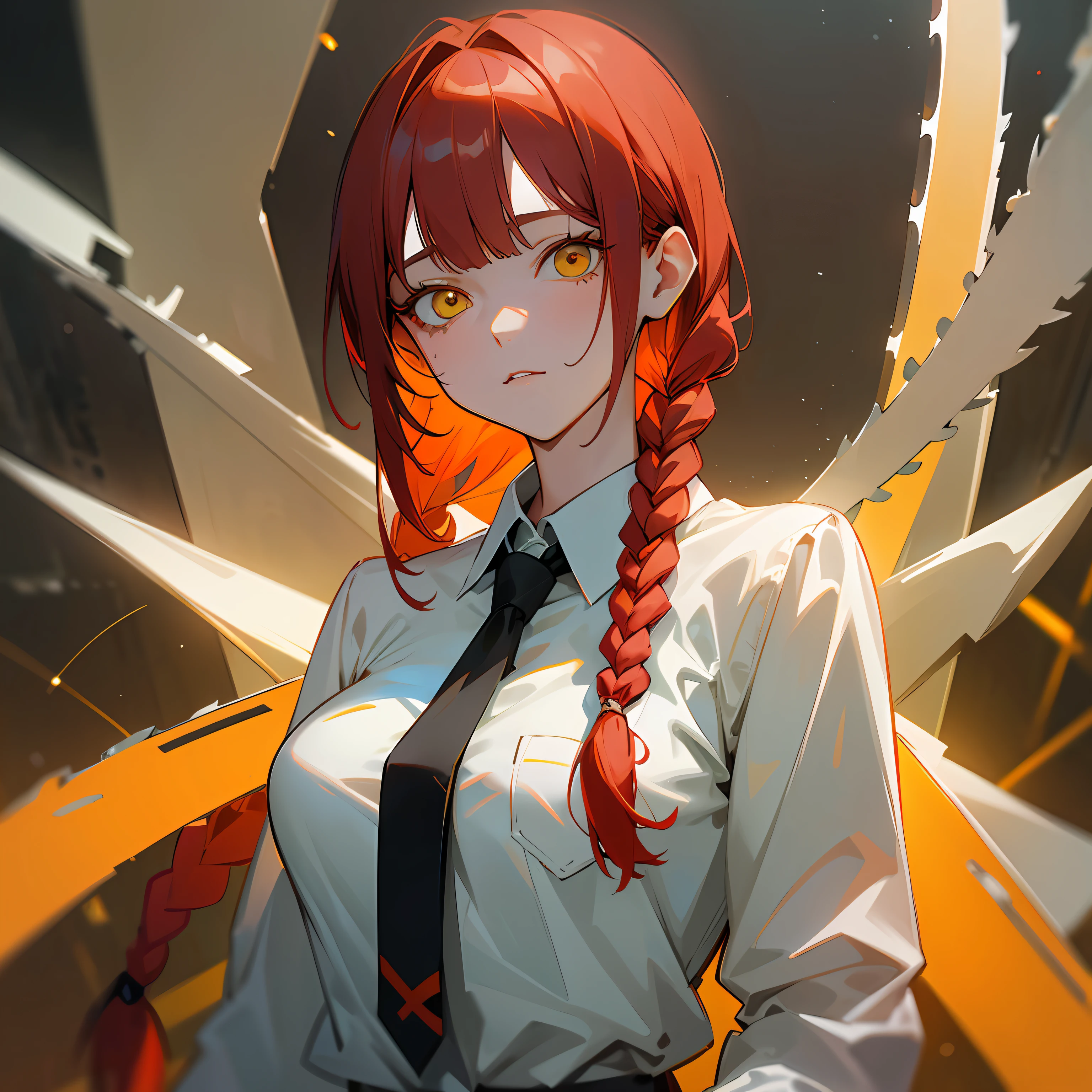 /imagine prompt: photography of Masterpiece, (fidelity: 1.4), best quality, beautiful lighting, makima, (chainsaw man), (red hair), (long braid), (bangs), yellow eyes, golden eyes, (eye circles), (white shirt), (tie), RAW photos, 8k uhd, film particles, giant breasts, (ulzzang-6500:0.9:1.0), transparent clothing, Center the composition, hyperrealism, Portrait Photography --auto --s2