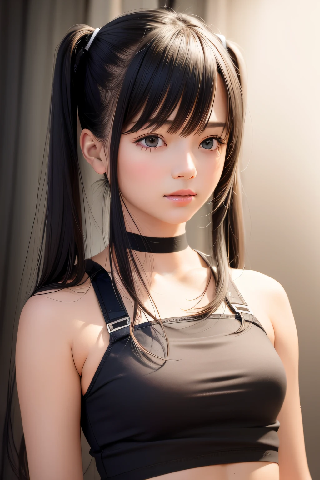 (best quality, masterpiece:1.1), (realistic:1.4), 1girl, upper body, tight crop top,twin tails, studio