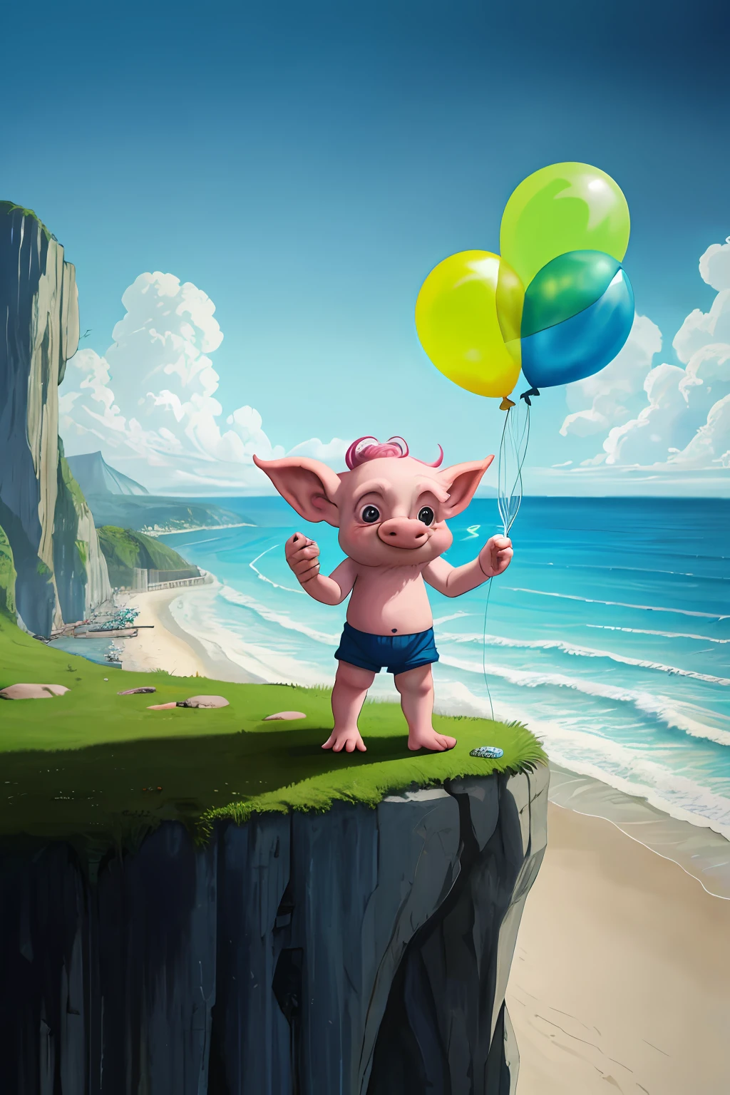 A Pig (Goblin: 1.3) Moe Pig Big ears, cliff side Drinks and snacks Balloons, swimming shorts Tropical Beach Sea Waves Cliffs Cliffs Loneliness (Masterpiece: 1.2) (Illustration: 1.2) (Best quality: 1.2) (Verbose) (Complex) (8k) (HDR) (Cinematic lighting) (Clear focus)