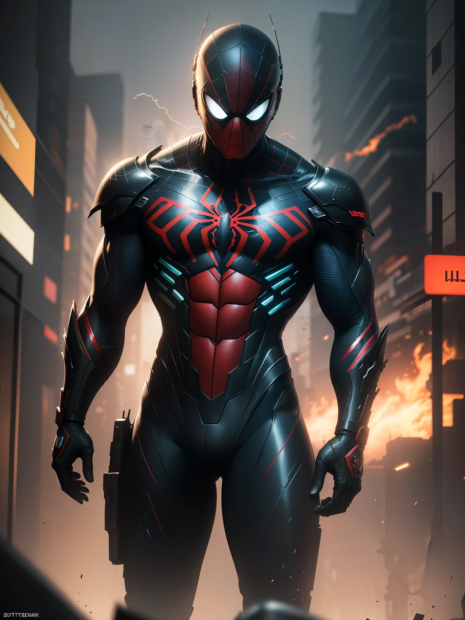 (realistic:1.2), (best quality:1.4), (masterpiece:1.2), (ultra highres:1.2), (photorealistic:1.4), (8k, RAW photo:1.2), professional lighting, photon mapping, radiosity,physically-based rendering, detailed, Cyberpunk Spiderman, by Jim Lee and Frank Miller, rendered in neon colors with a cyberpunk edge, detailed armor, dynamic poses, urban environment with futuristic buildings, inked lines and shading, dramatic lighting, trending on artstation, 3D rendered with real-time technology, film grain, grain, depth of field, fire background, cobweb around, cobweb,