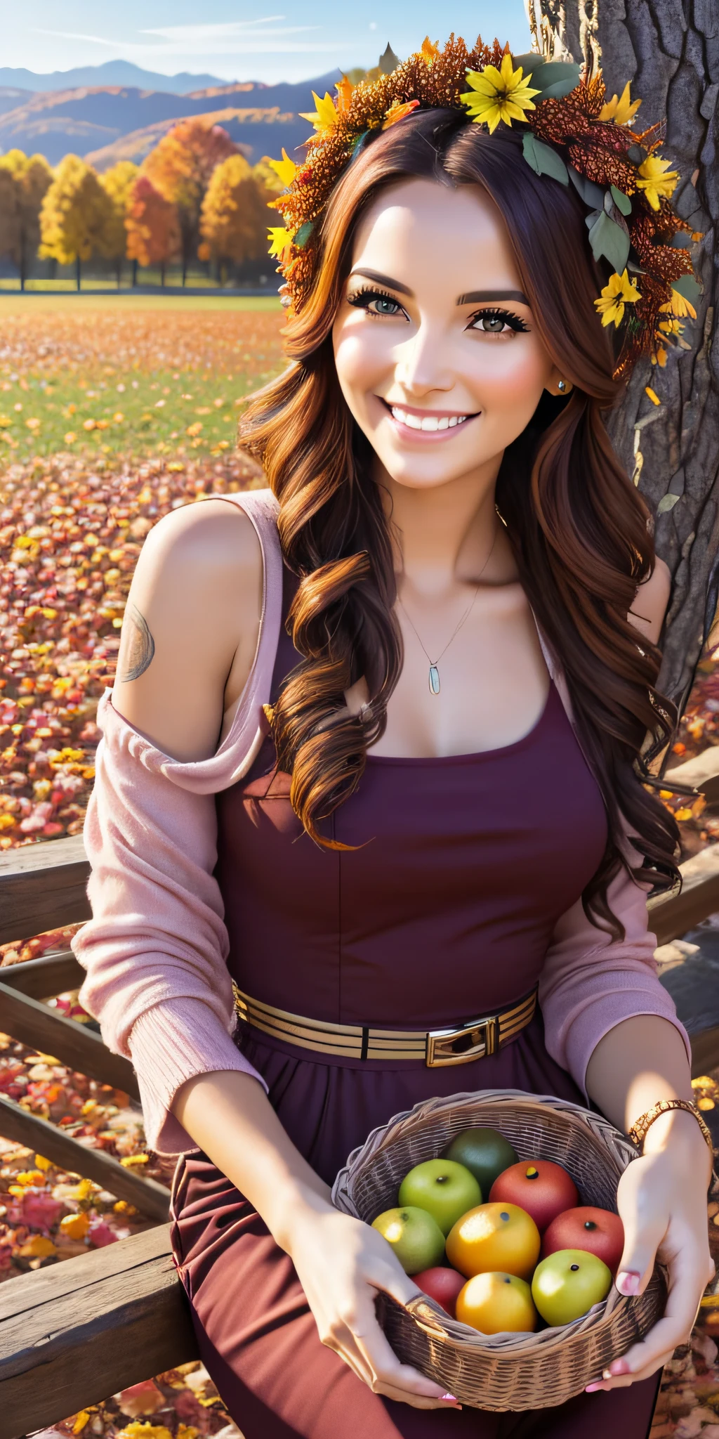 Portrait of a beautiful woman wreath of laughing fruits in fall colors High quality and high quality. Clear and correct colours