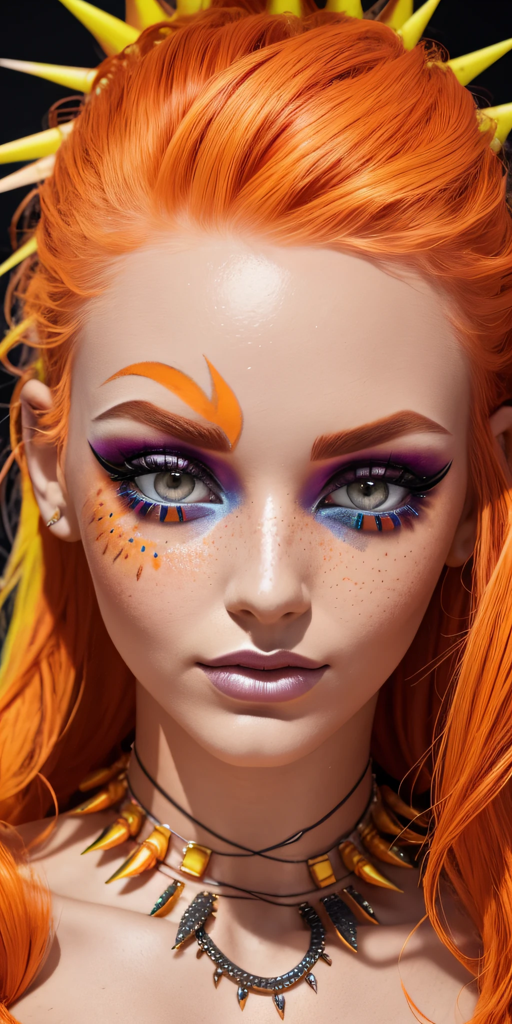 Nice close up. A spiky mannequin with red-yellow hair with bright orange makeup. creative makeup. Fake freckles glowing hydrated skin. Editorial fashion, high quality and high quality. Clear, true colors and a natural background