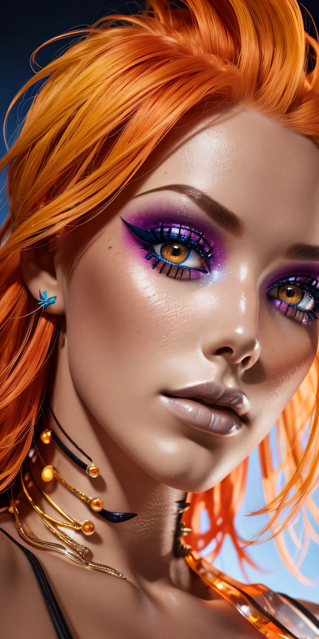 Nice close up. A spiky mannequin with red-yellow hair with bright orange makeup. creative makeup. Fake freckles glowing hydrated skin. Editorial fashion, high quality and high quality. Clear, true colors and a natural background