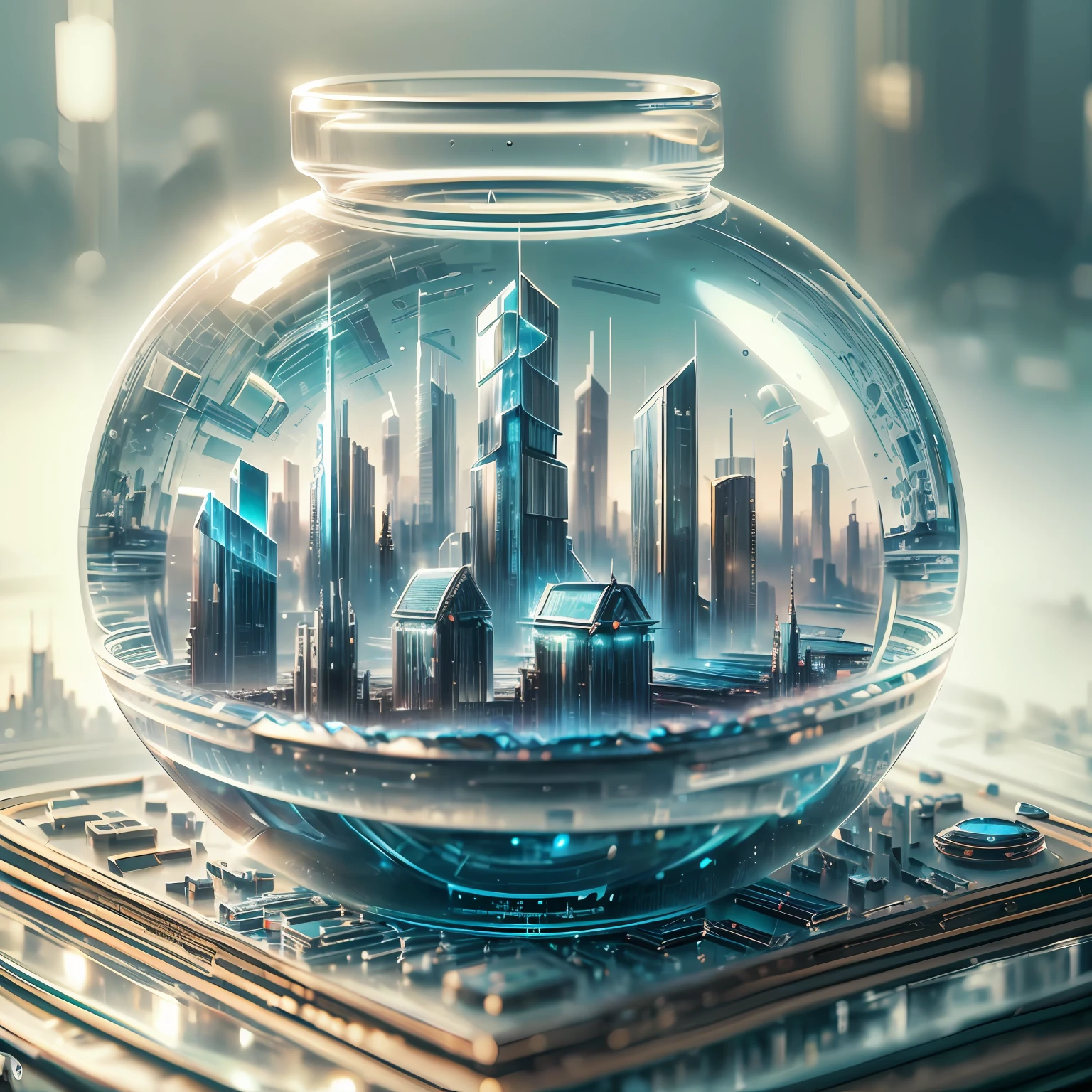 mini\(ttp\), (8k, RAW photo, best quality, masterpiece:1.2), ((miniature futuristic city skyline sitting in a glass bowl on used book)), out-of-focus bookcase, --auto --s2
