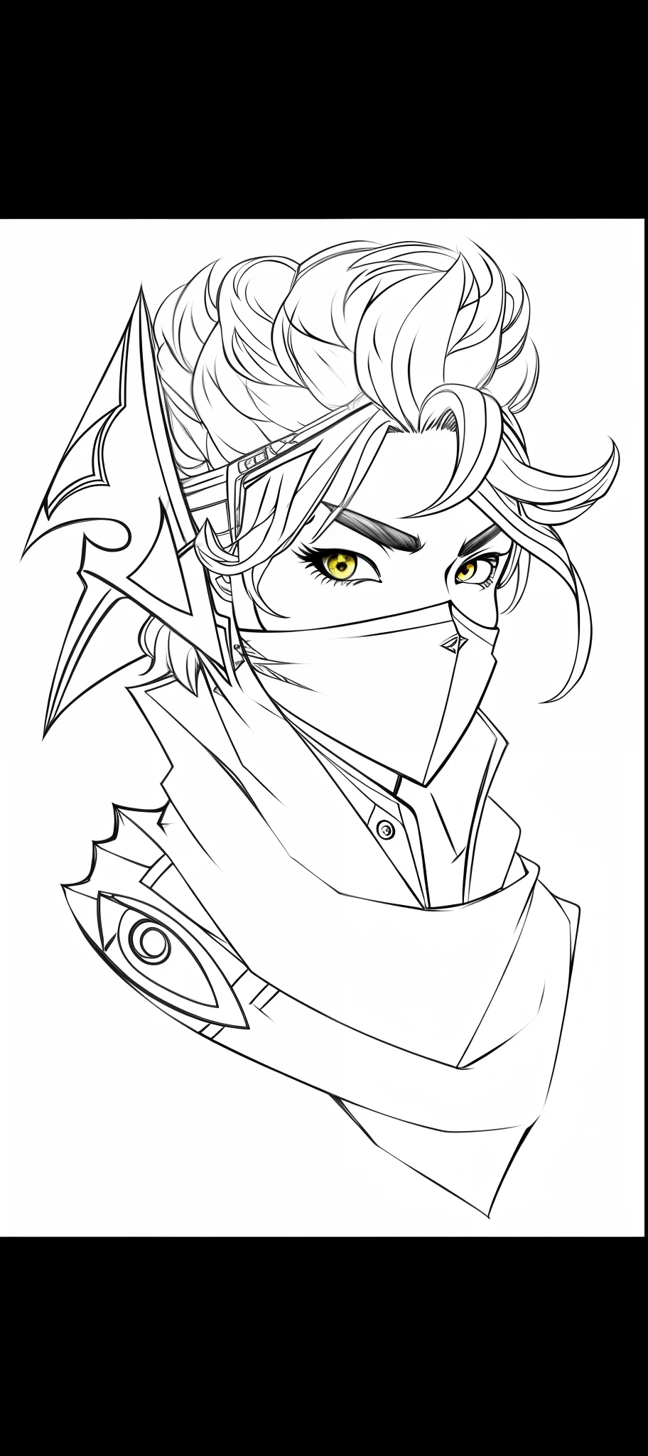 A drawing of a woman with a scarf and a hood, unknown art style, Sage (Valorant), Jett de Valorant, Portrait of a DND character, Concept Headshot Art, Sketchy Artstyle, Trigger anime artstyle, Detailed portrait of the character, Afrofuturism anime, but the armor covers her face, DND portrait, Colorful sketch, as a DND character