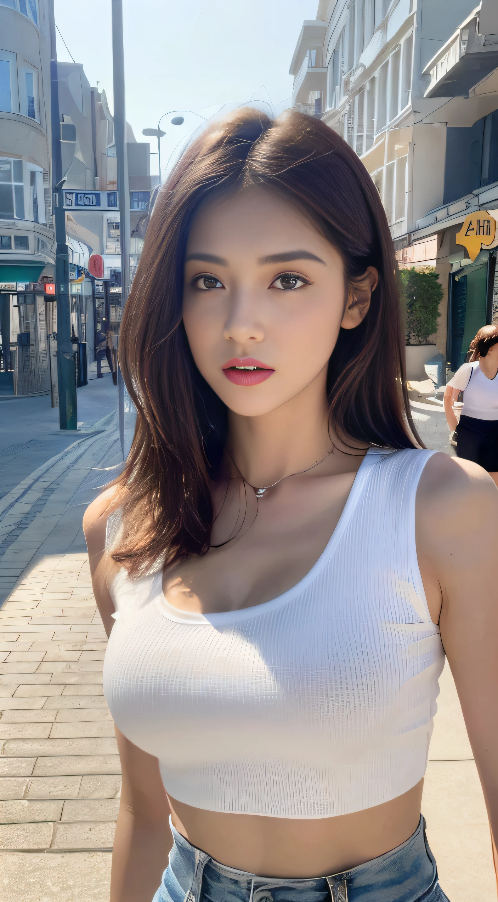 ((Realistic lighting, Best quality, 8K, Masterpiece:1.3)), Focus:1.2, 1girl, Perfect Figure:1.4, Slim Abs:1.1, ((Dark Brown Hair)), (White Crop Top: 1.4), (Outdoor, Seaside: 1.1), City Street, Super Fine Face, Fine Eyes, Double Eyelids,