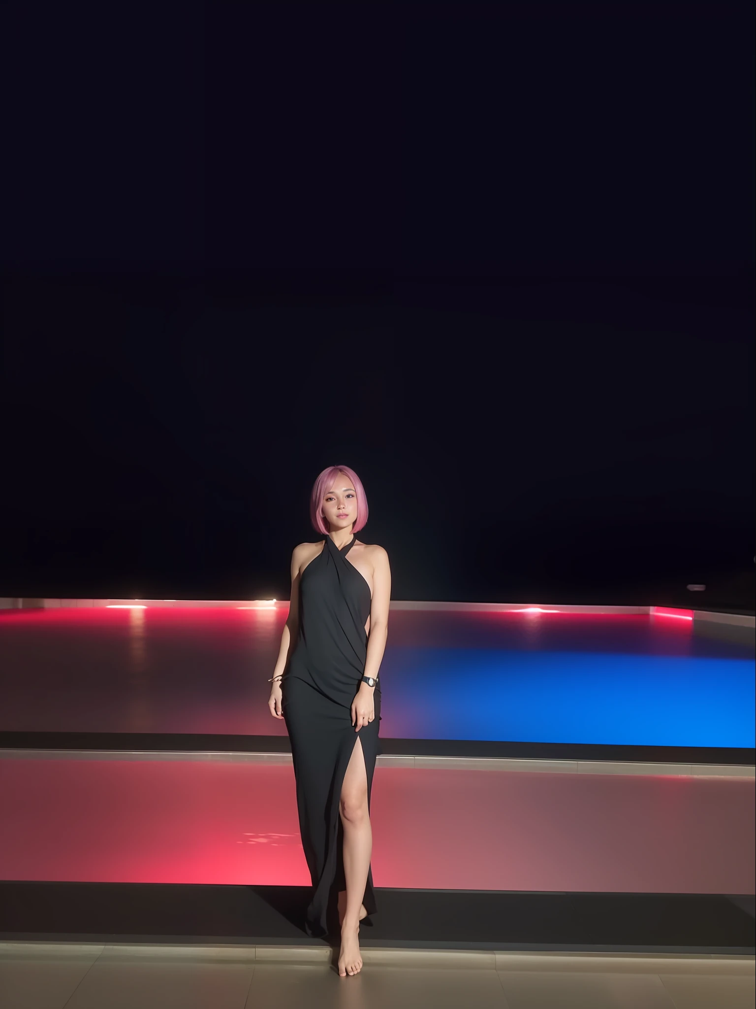 1girl, barefoot, night, professional light, curtain grab, curtains, covered navel, covered, on the pool deck, pink hair, background is swimming pool, pool side, sheet grab, standing, smile, solo, tail, lily_\(flower\), looking a viewer, (flat chest:1.2), see-through, solo, beautiful and delicate detailed girl, illustration, unity 8k wallpaper, masterpiece, best quality, (upper body:1.6),