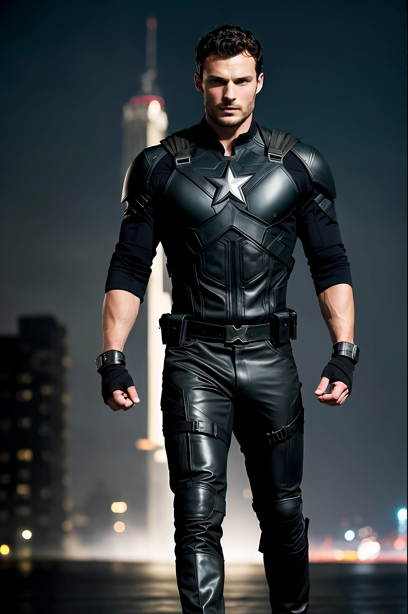create a hero), wearing black costume of the captain homeland of the series Theboys, strong and muscular, without symbol on the chest, Jamie Dornan, (brunette with model face), wearing dark beard, dark short hair, man similar to actor jamie dornan, (high quality and realistic image), background destroyed city at night, cinematic style, ((Best quality, 8k, Masterpiece).