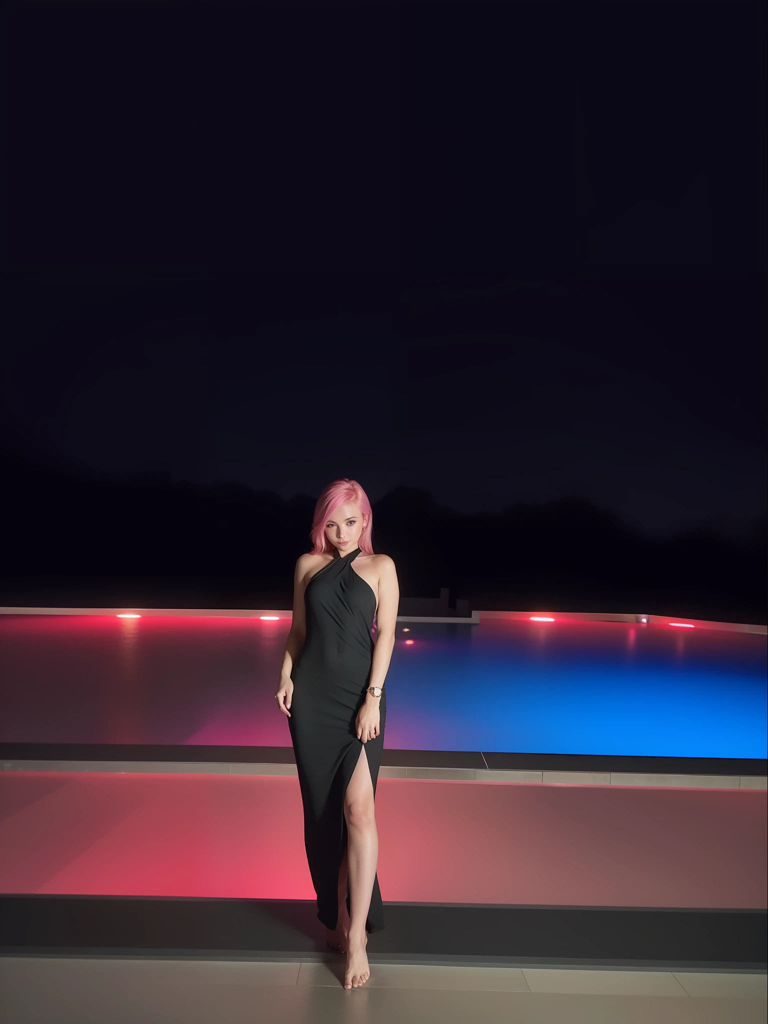 1girl, barefoot, night, professional light, curtain grab, curtains, covered navel, covered, on the pool deck, pink hair, background is swimming pool, pool side, sheet grab, standing, smile, solo, tail, lily_\(flower\), looking a viewer, (flat chest:1.2), see-through, solo, beautiful and delicate detailed girl, illustration, unity 8k wallpaper, masterpiece, best quality, (upper body:1.6),