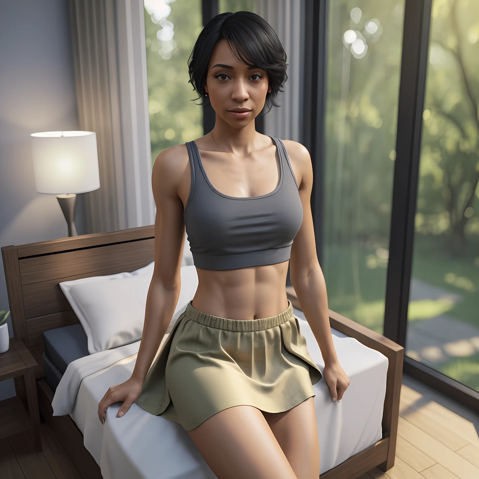 (tamara taylor: 3.0), thin, (tank top: 1.8), (skirt: 1.8), (sleeps in bed: 2.0), (groin: 1.7), (groin: 1.5), collarbone, belly button, natural light, extremely detailed, 8yk, raw photo, high level of detail, (ray tracing), (masterpiece), (best quality), high resolution, (realistic: 1.4), physically based representation, ultra-realistic, full body --auto --s2