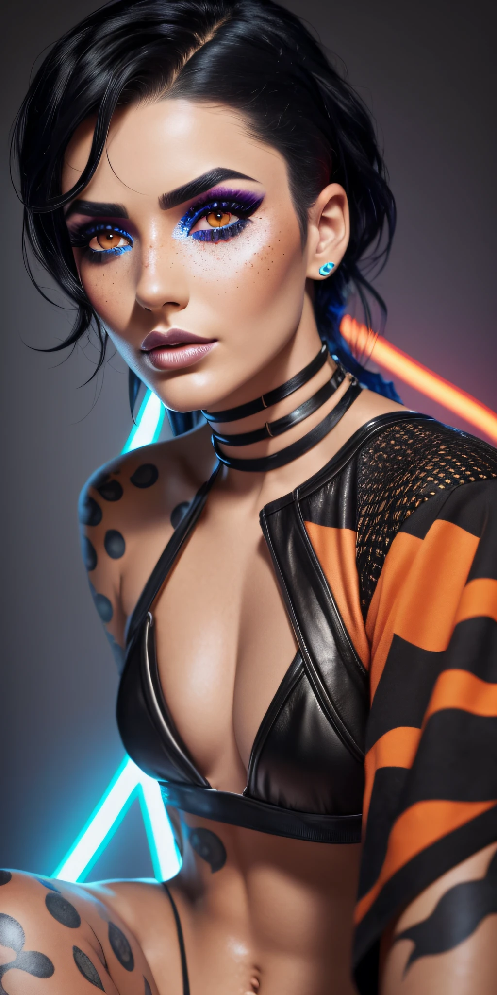 Nice close up. A spiky, black-haired model with bright orange makeup. creative makeup. Fake freckles glowing hydrated skin. Editorial fashion, high quality and high quality. Clear, true colors and a natural background