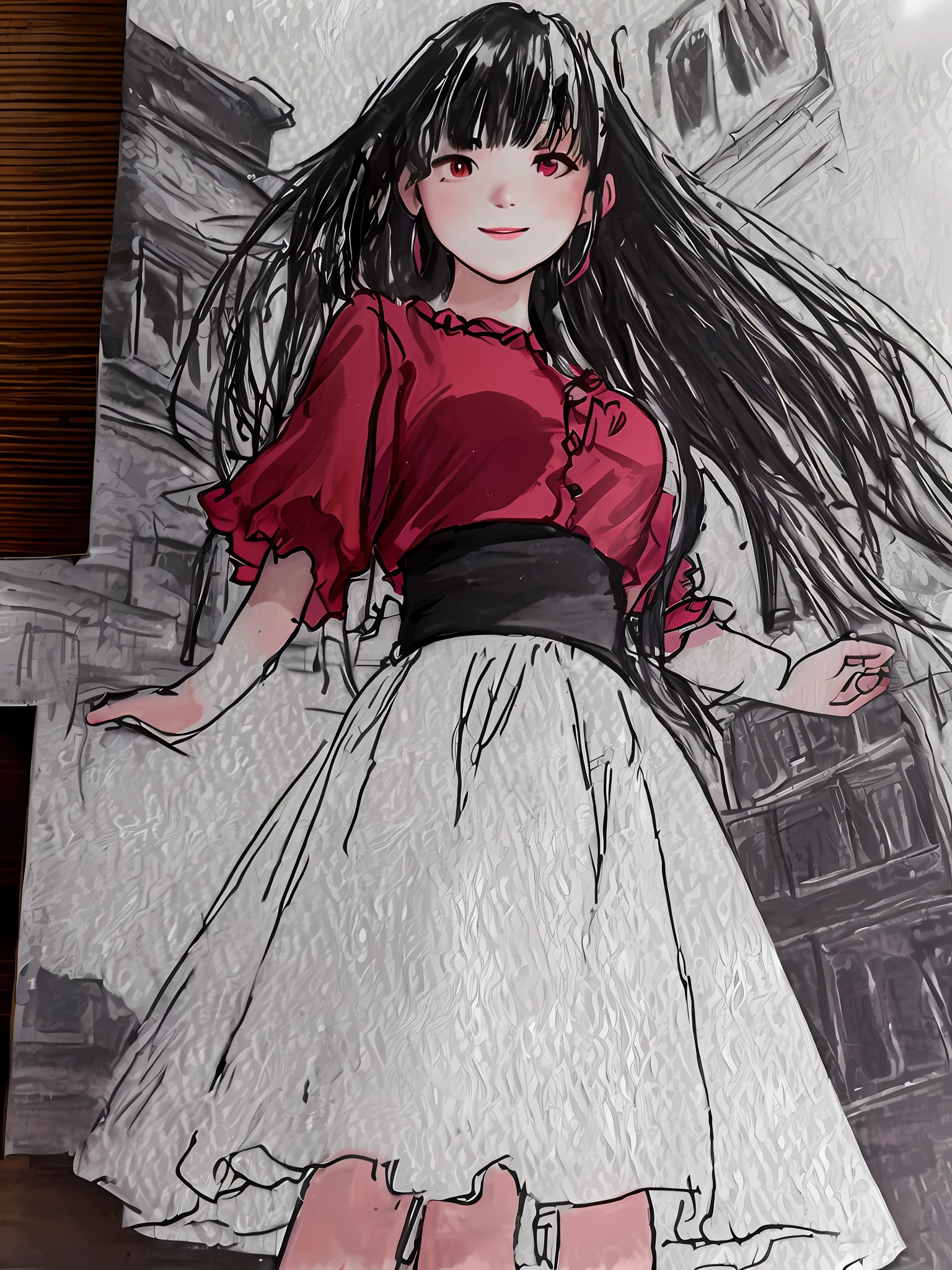 Realistic, 1 girl, Black hair with red highlights, Red eyes, Shining eyes, Smile, Red and black ruffled shirt, Skirt, parted lips, Blush, Daytime, Daylight, White skirt, Long skirt, Medium length hair, Realistic, Warm colors, Valley, White clothes, Looking up angle, Bright cityscape, Arms crossed, Angle from below,