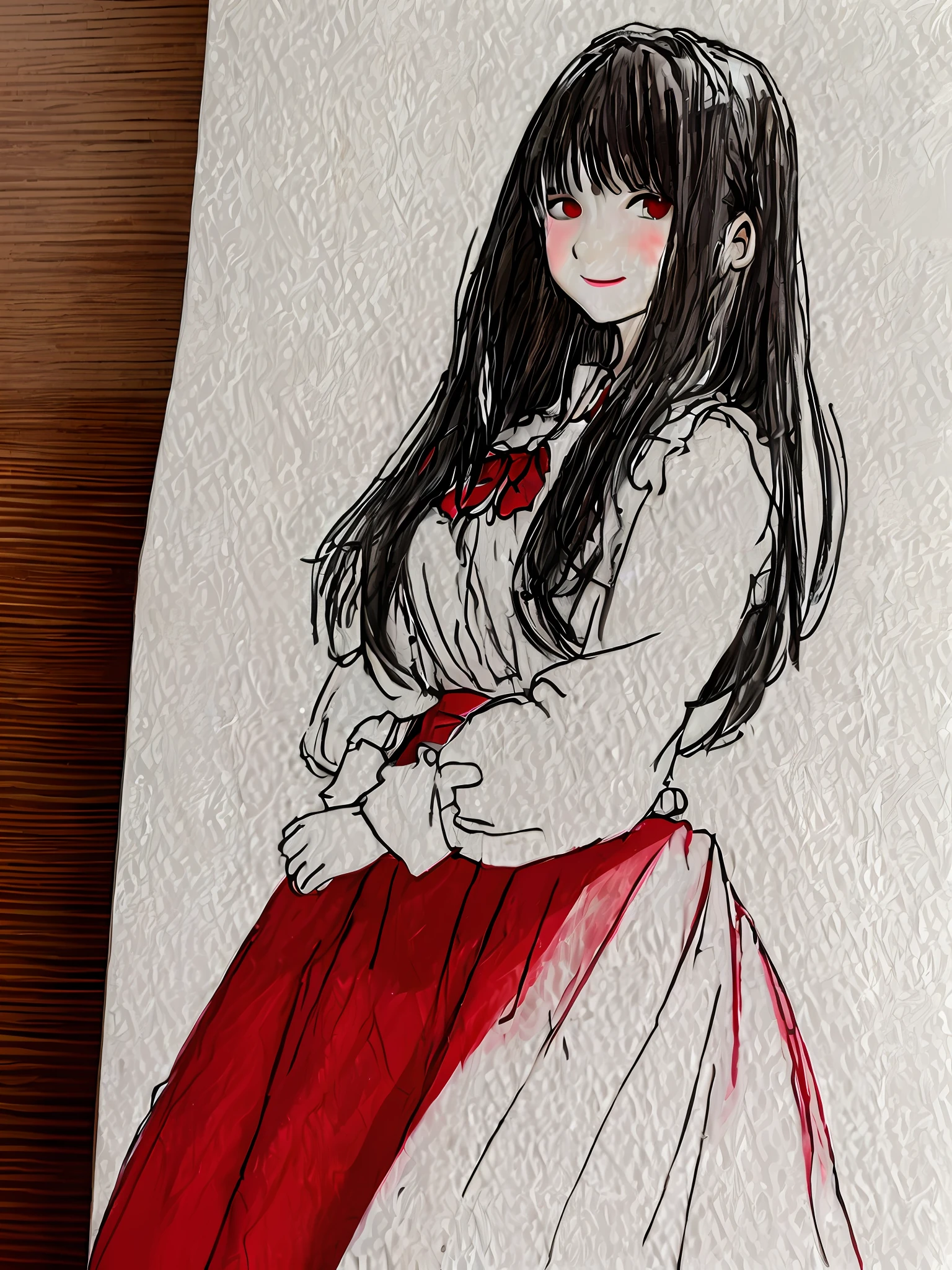 Realistic, 1 girl, Black hair with red highlights, Red eyes, Shining eyes, Smile, Red and black ruffled shirt, Skirt, parted lips, Blush, Daytime, Daylight, White skirt, Long skirt, Medium length hair, Realistic, Warm colors, Valley, White clothes, Looking up angle, Bright cityscape, Arms crossed, Angle from below,